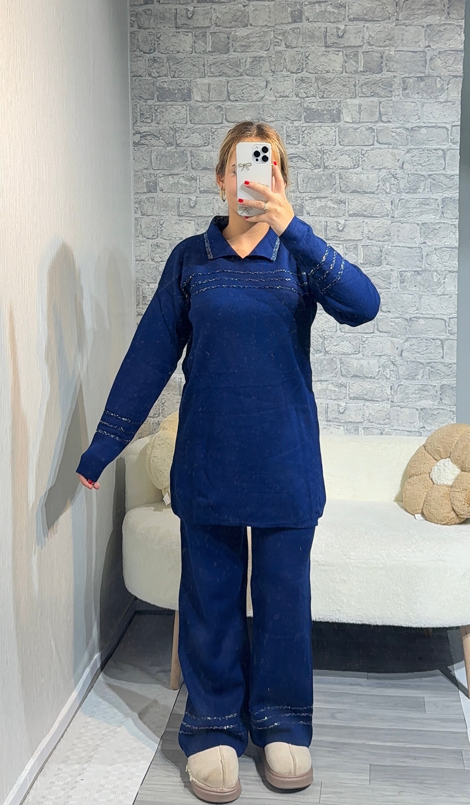 Anje Desenli Simli Triko Takım - Lacivert