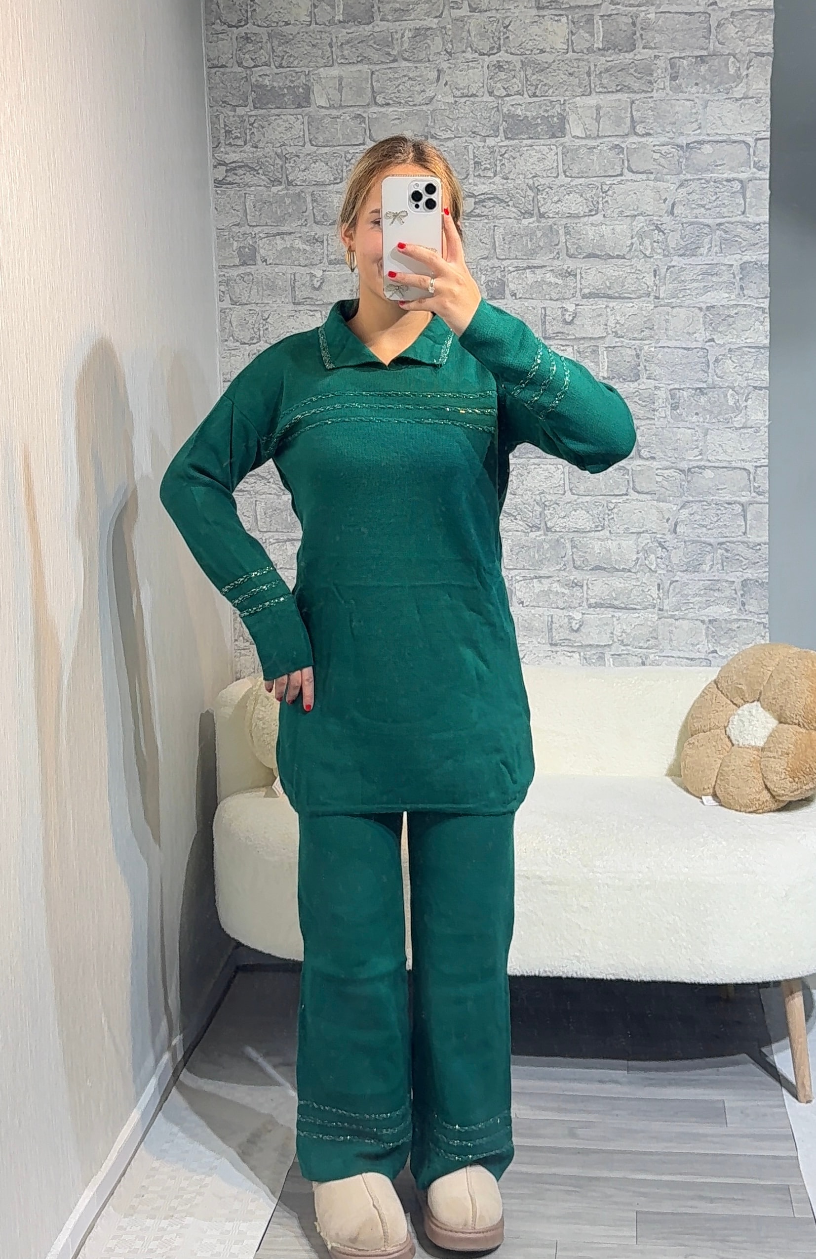 Anje Desenli Simli Triko Takım - Zümrüt Yeşili