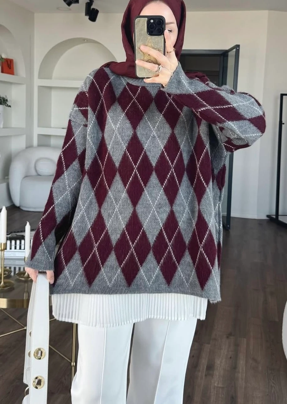 Baklava Detay Salaş Kazak - Bordo