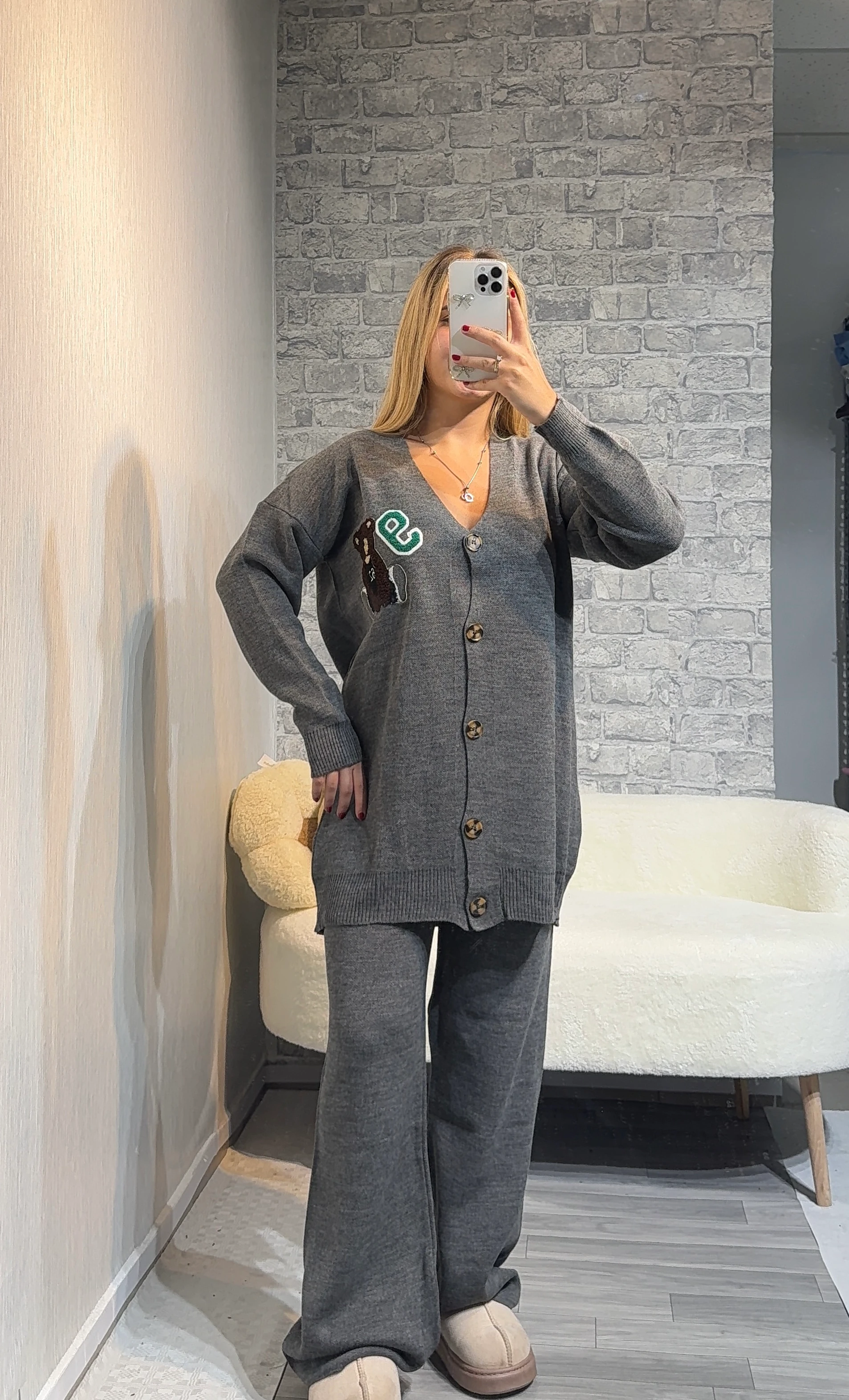 Teddy Bear Hırkalı Triko Takım - Antrasit