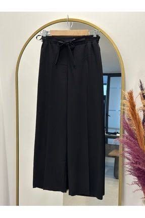 Kuşaklı Bol Paça Pantolon - Siyah