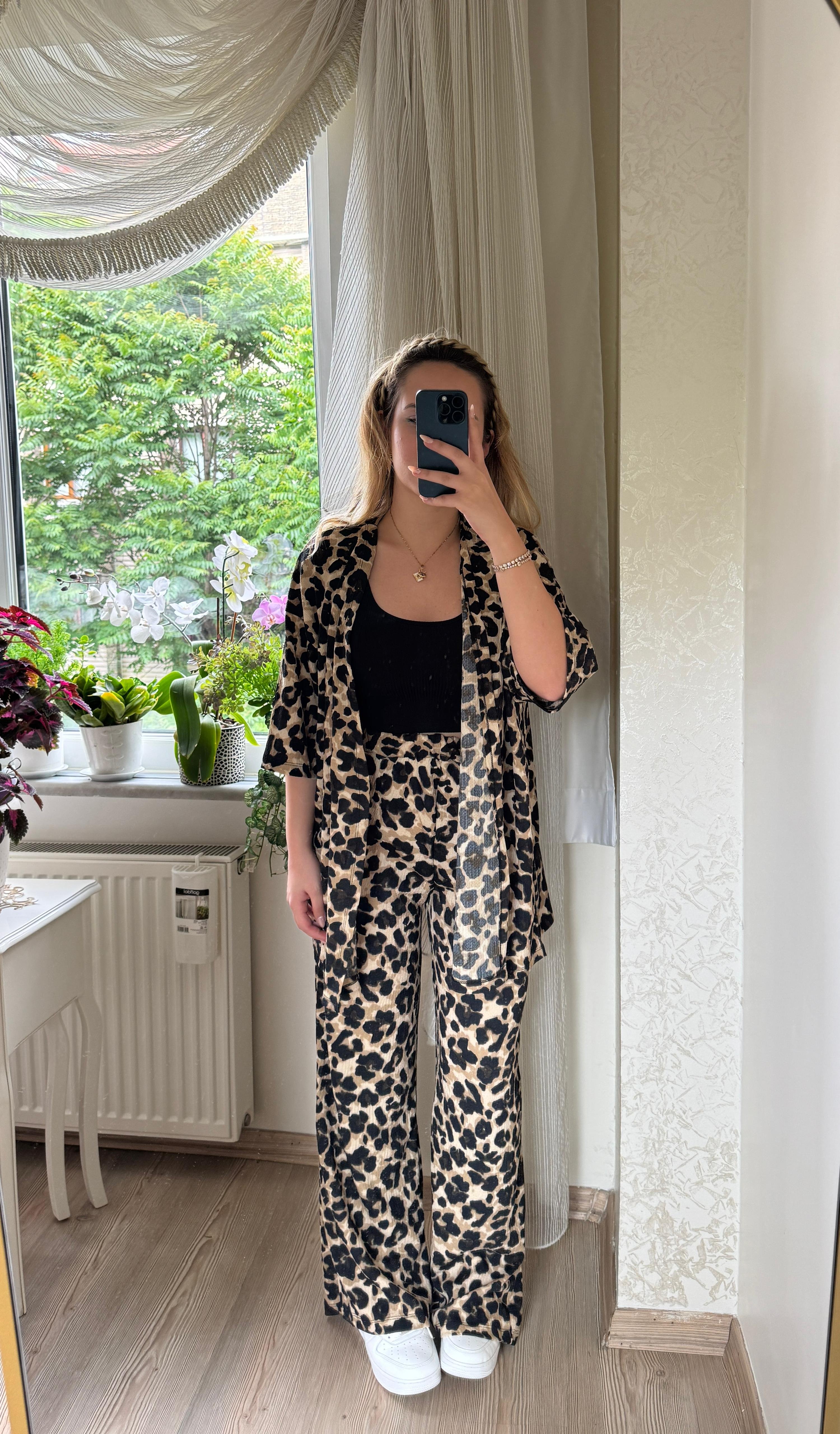 Kimono Takım - Leopar Desen Siyah/Kahve