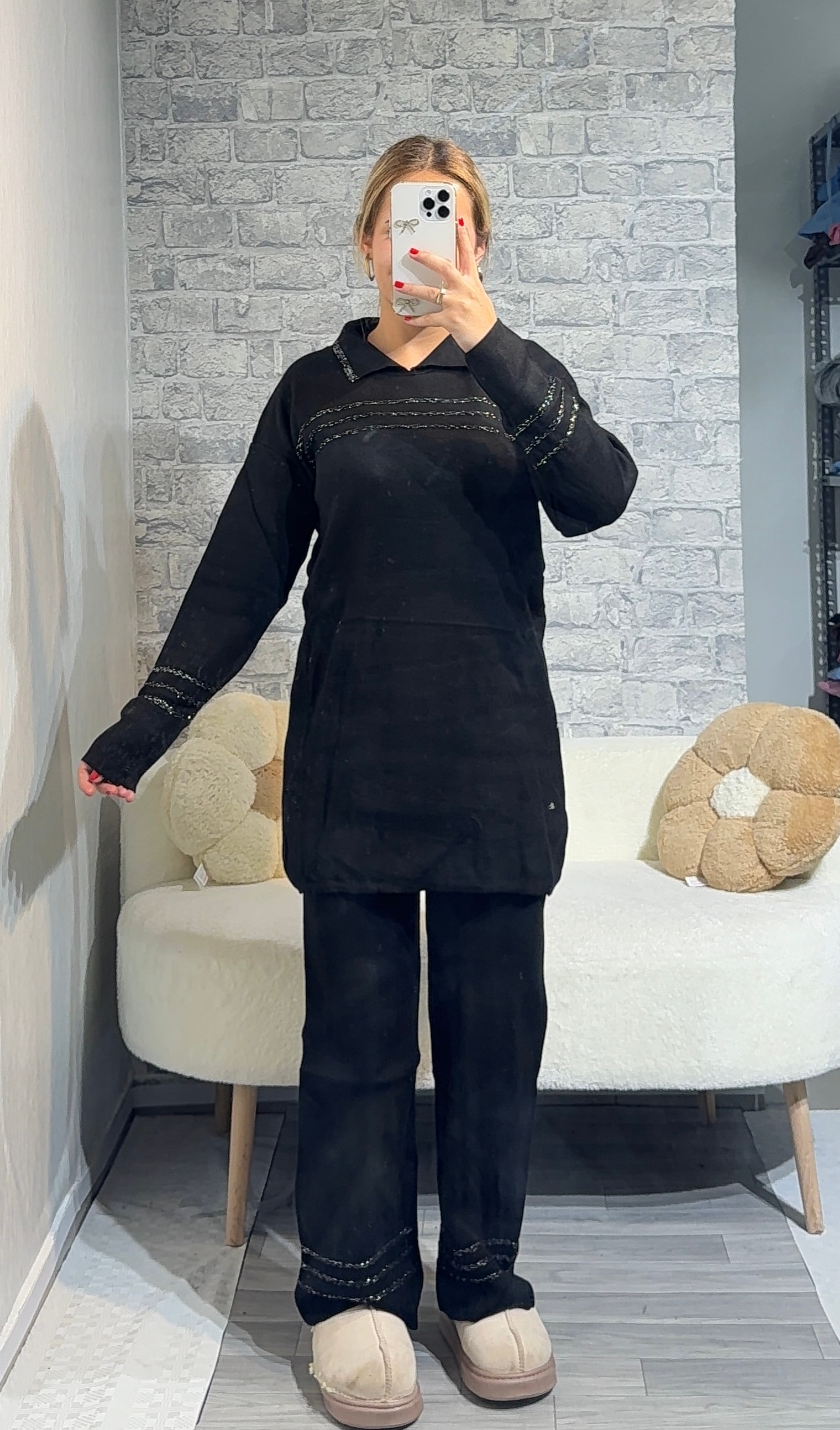 Anje Desenli Simli Triko Takım - Siyah