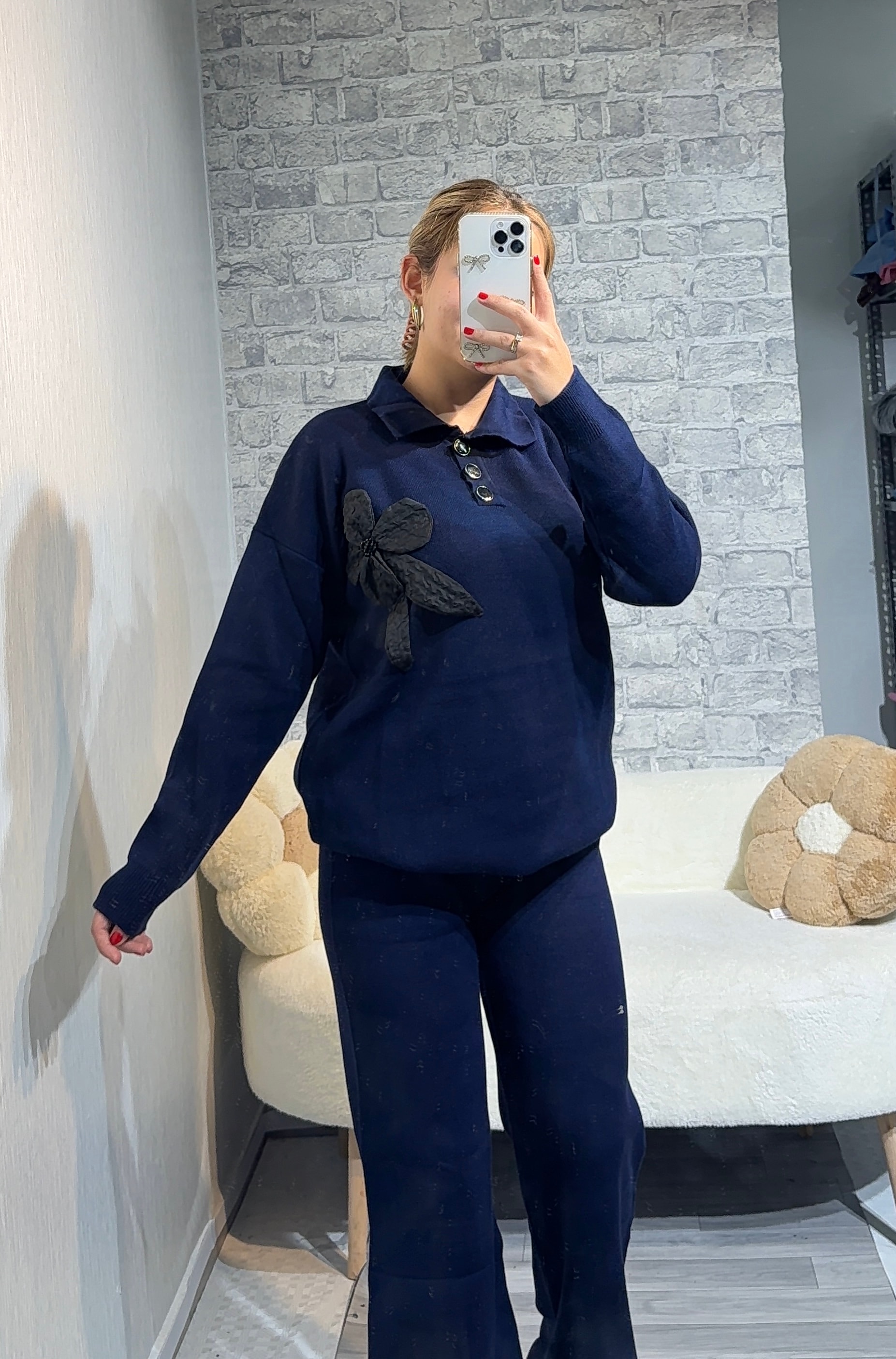 Triko Çiçek Detaylı Triko Takım - Lacivert