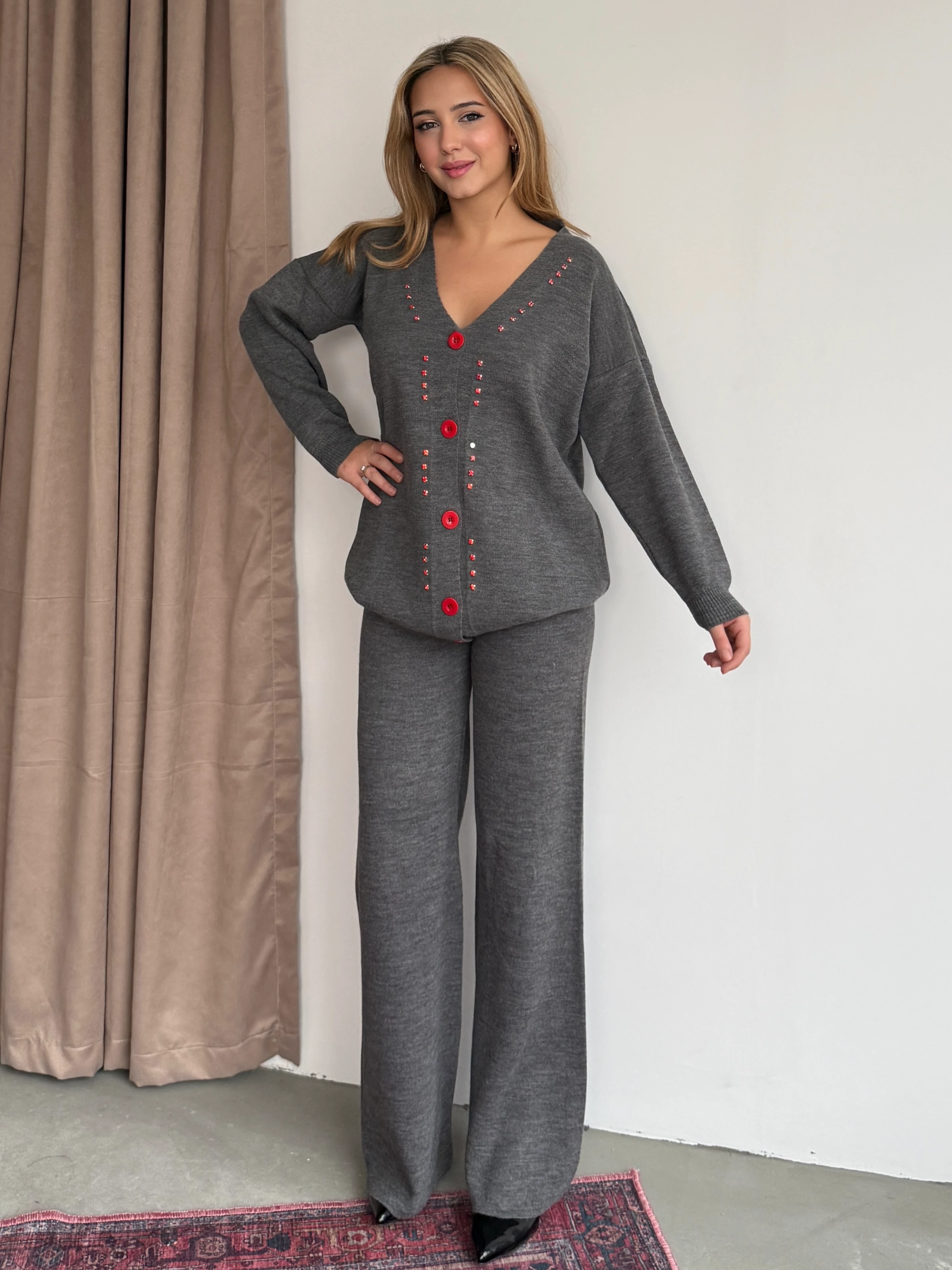 Taşlı Hırkalı Takım - Gri