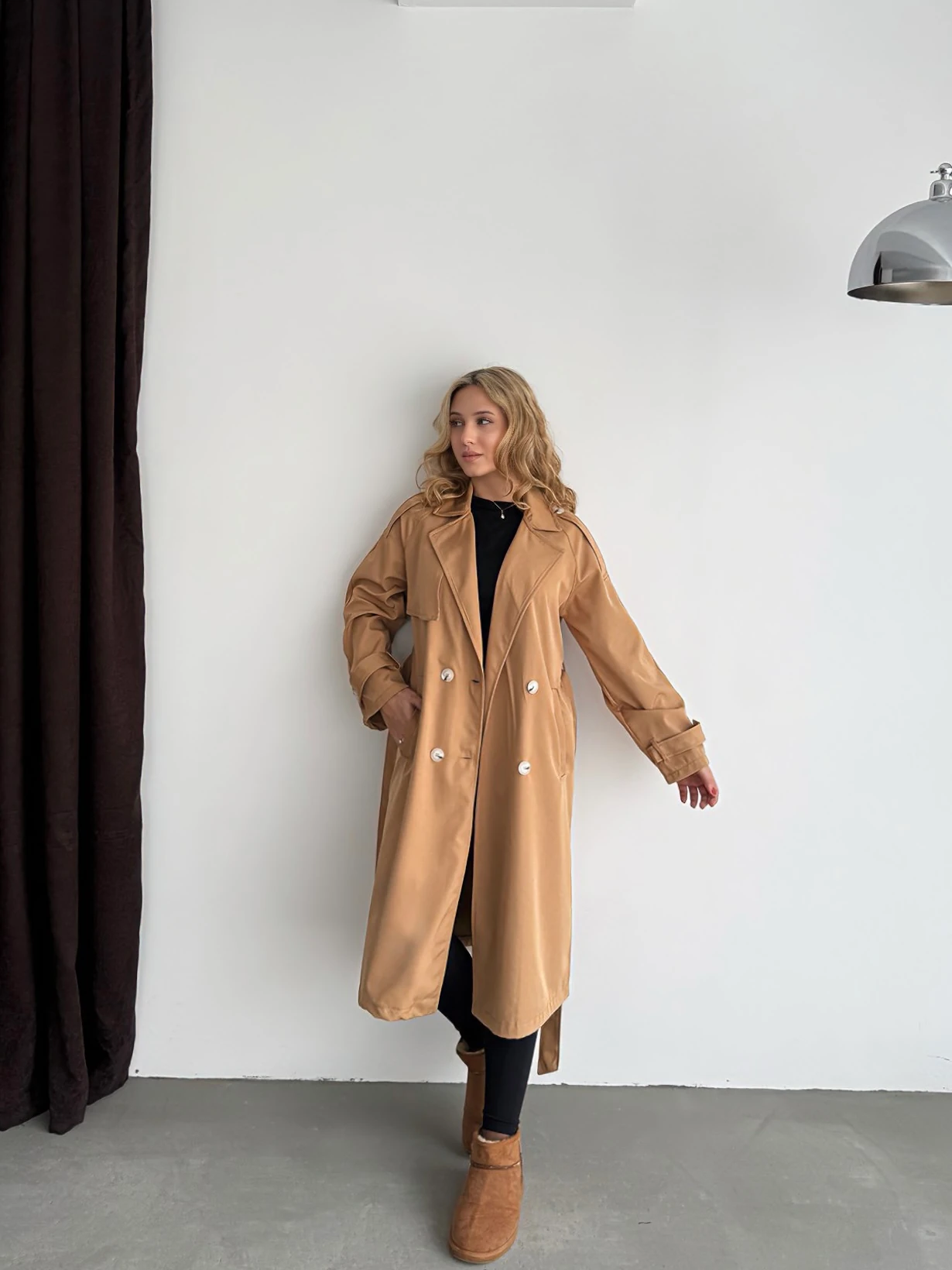 Tasarım Kolu Kemerli Trençkot - Camel