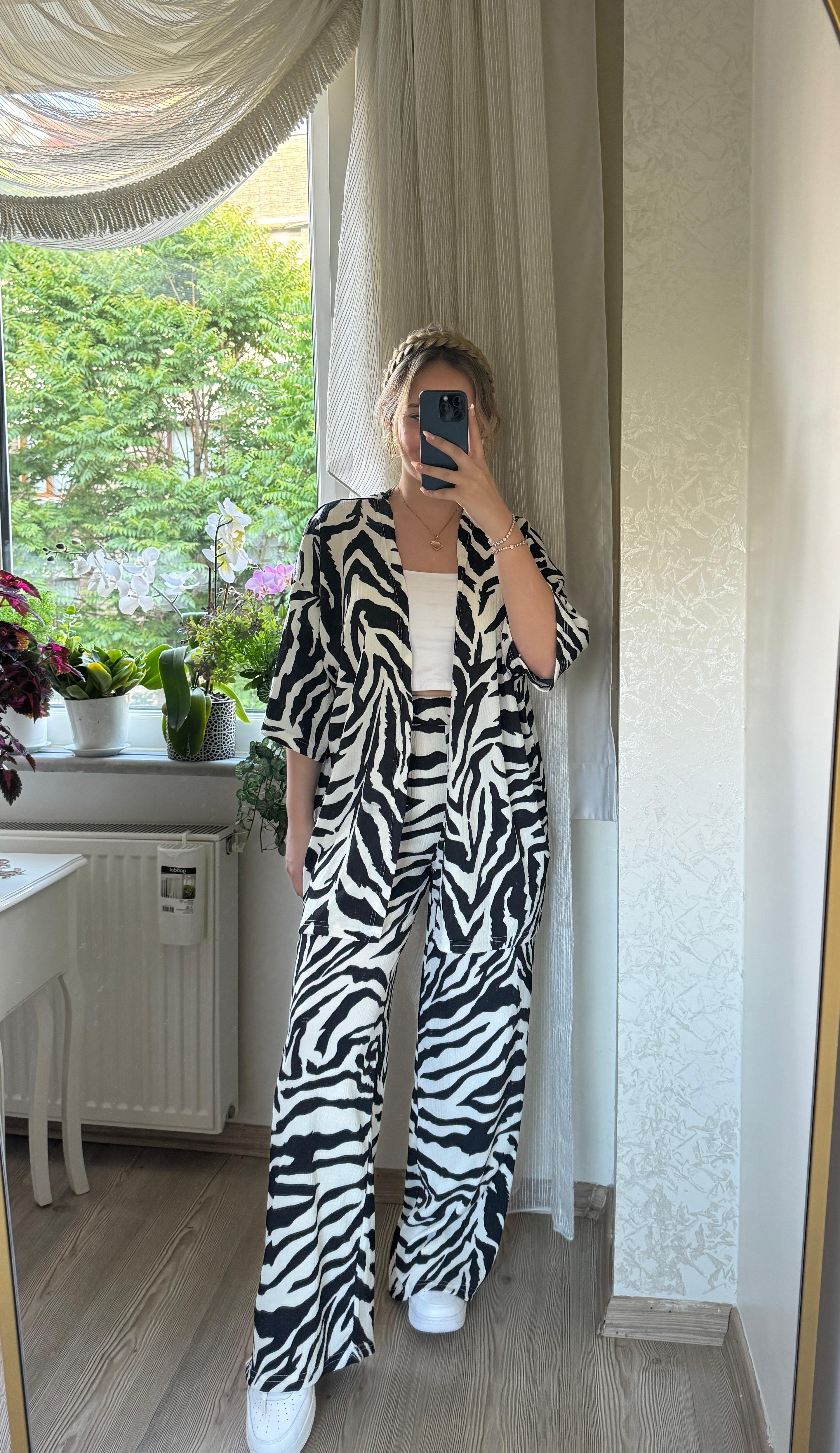 Kimono Takım - Zebra Desen Siyah/Beyaz
