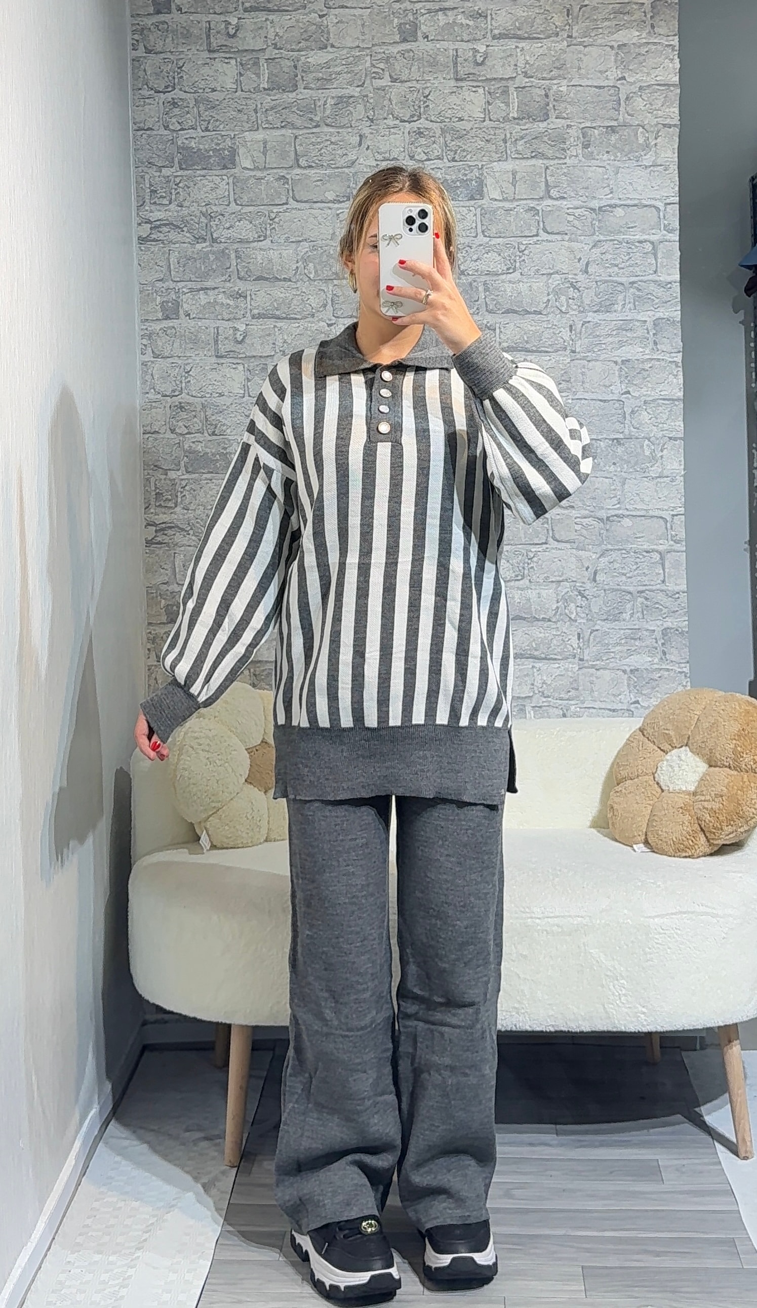 Boydan Çizgili Triko Takım - Gri