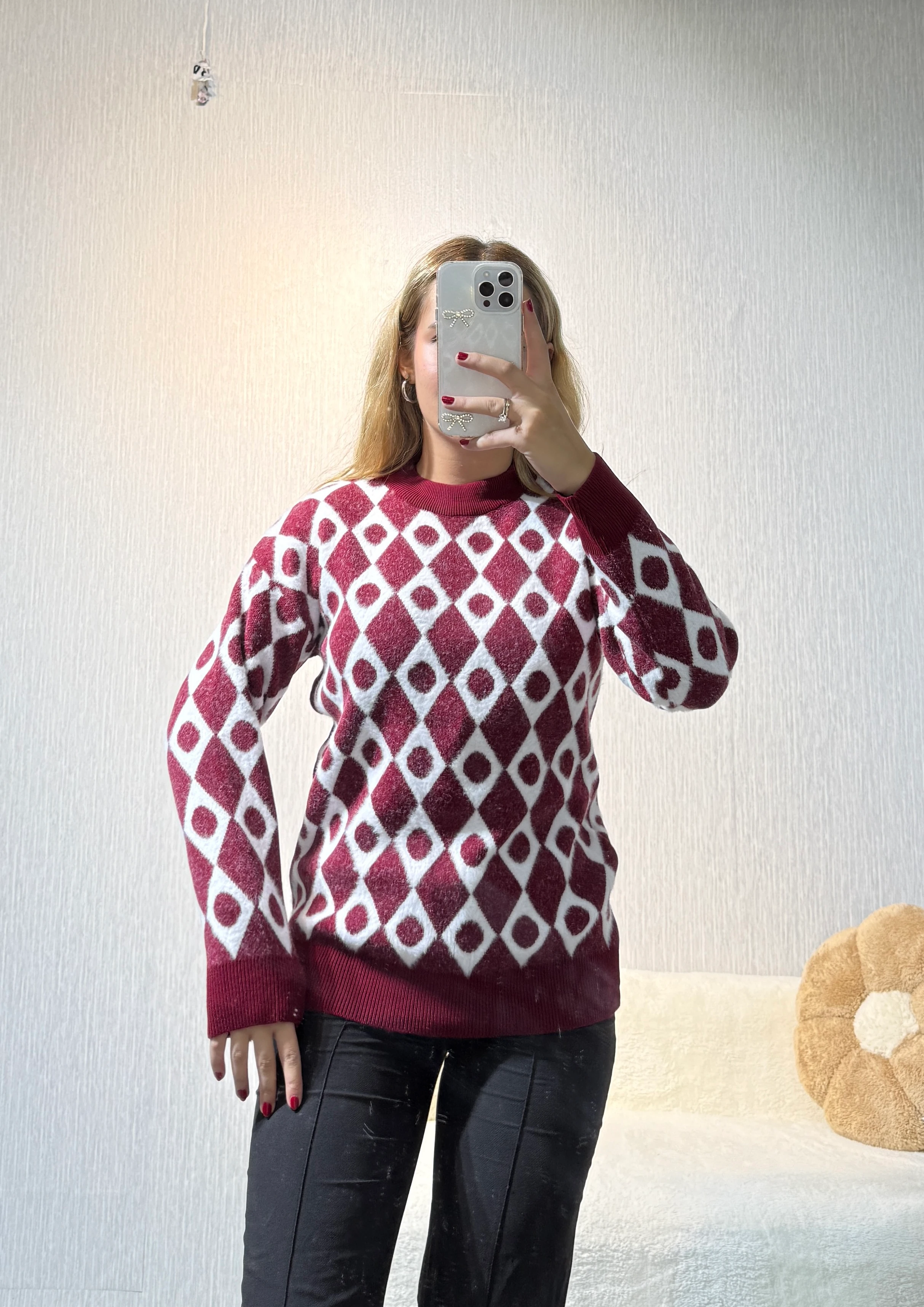 Baklava Desen Triko Kazak - Bordo