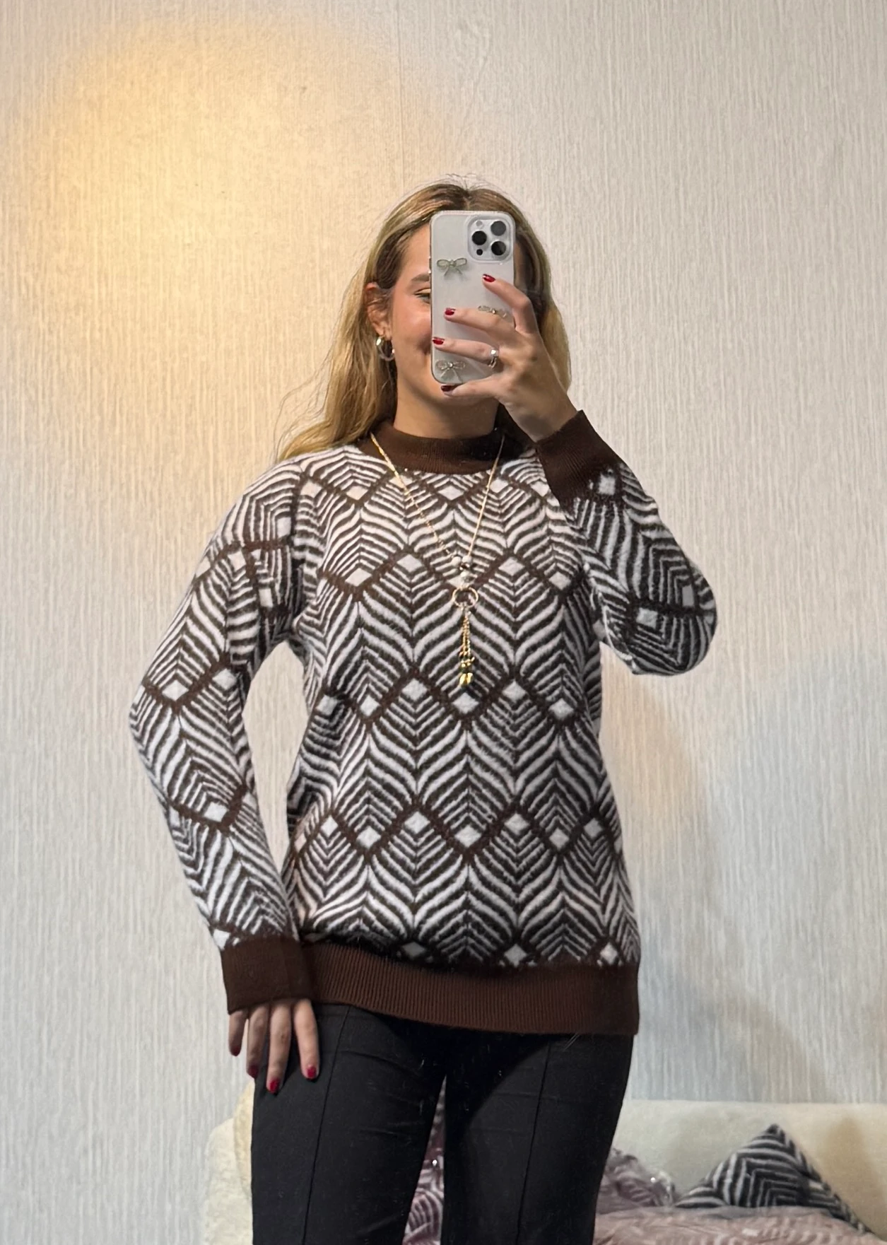 Etnik Desenli Kolyeli Kazak - Kahverengi