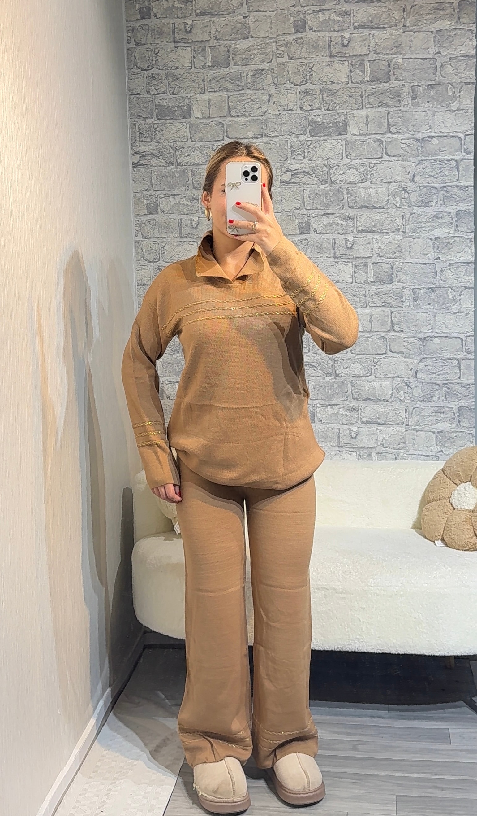 Anje Desenli Simli Triko Takım - Camel