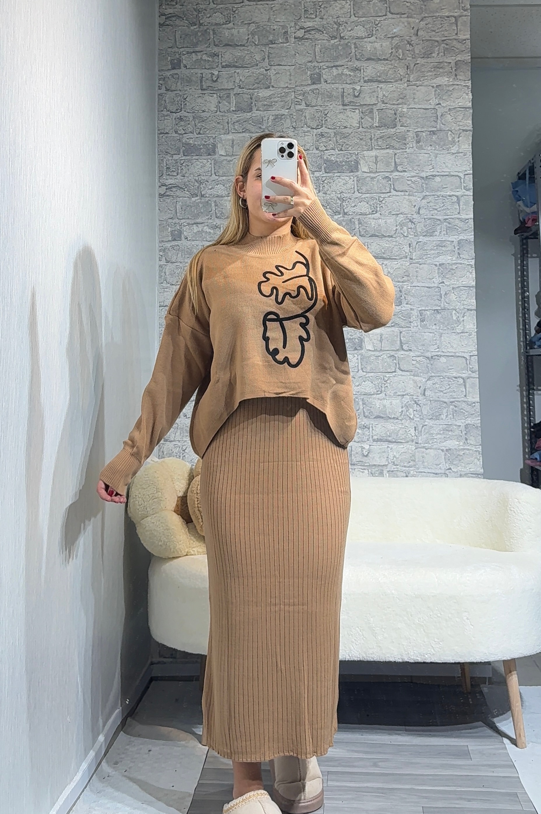 Selanik Örgülü İkili Takım Elbise - Camel