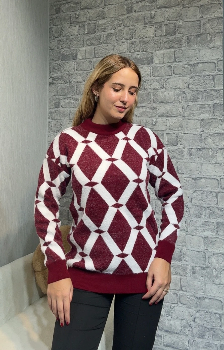 Şeritli Triko Kazak - Bordo