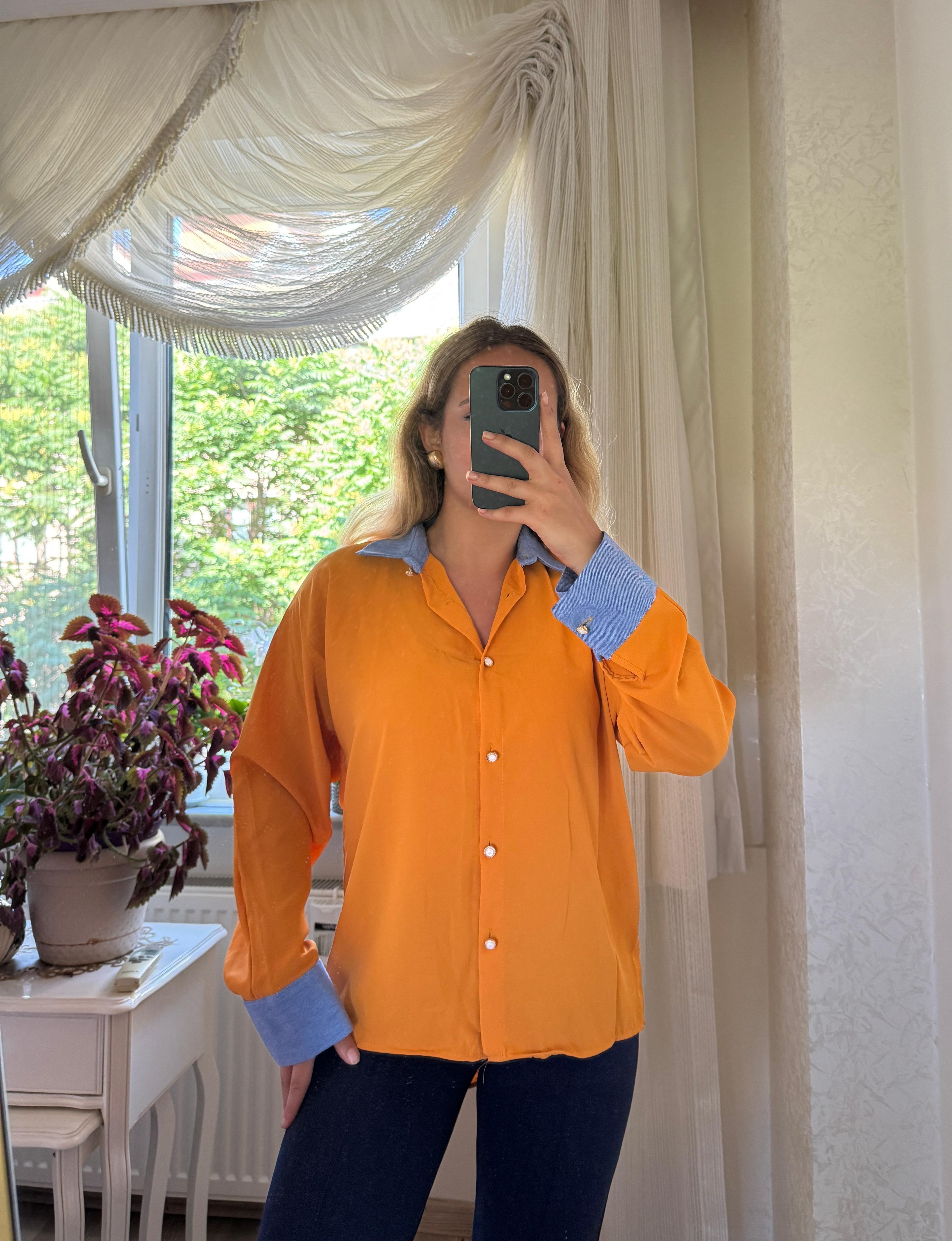 Dubai Kot Detaylı Gömlek - Oranj