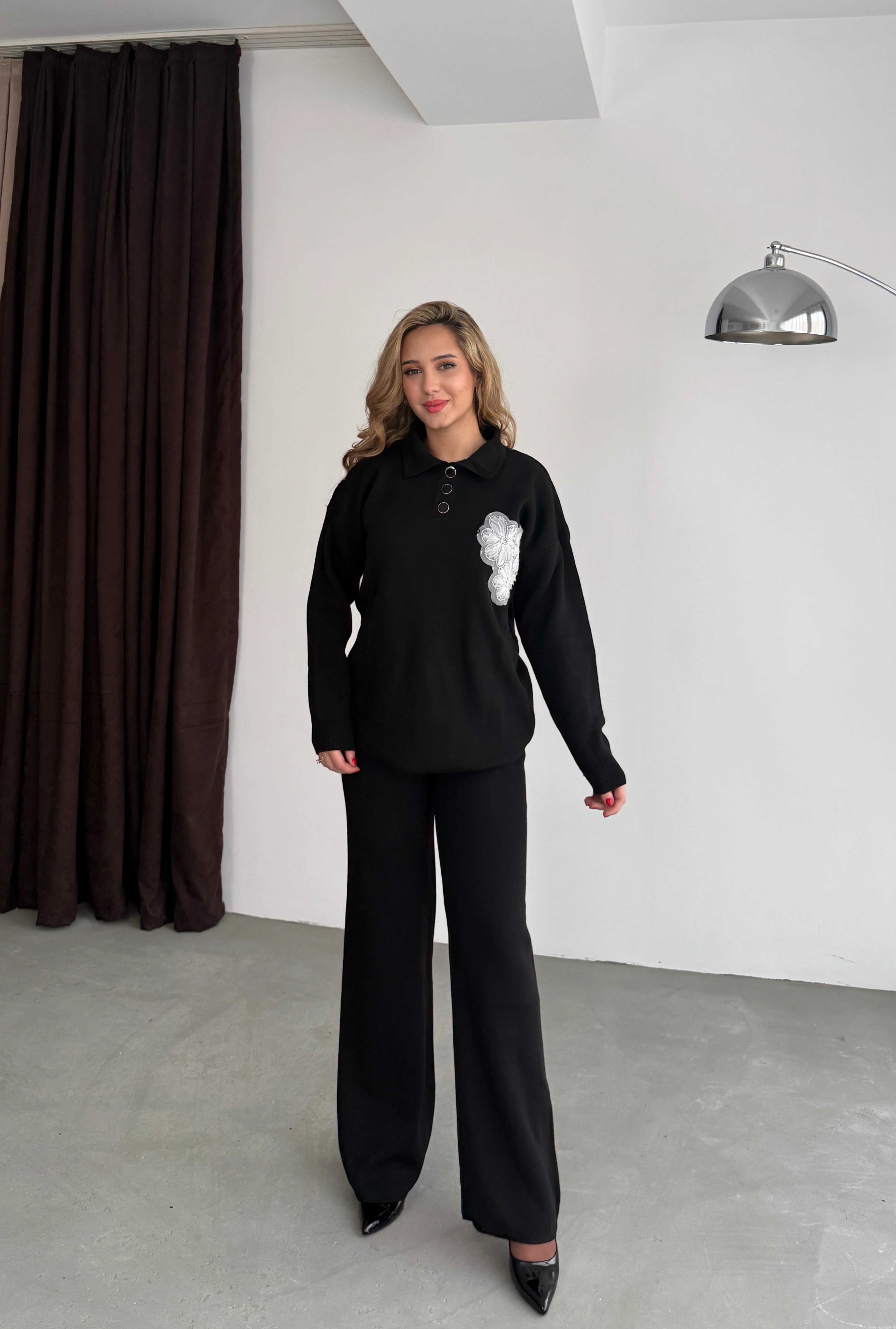 Nakışlı Triko Takım - Siyah