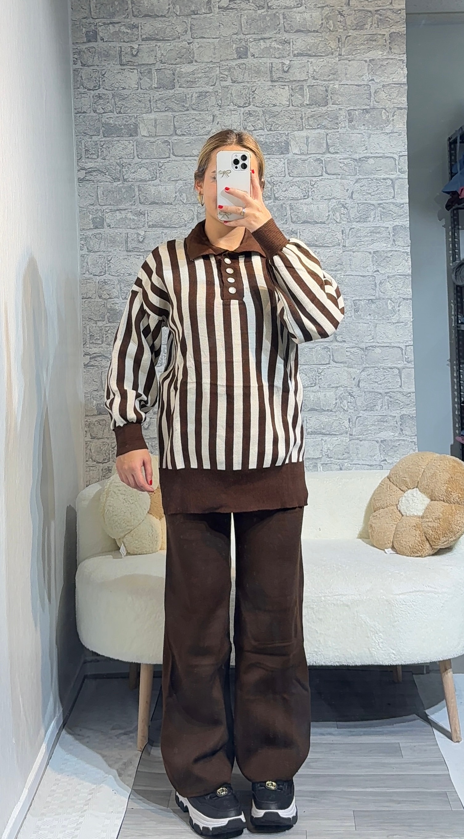 Boydan Çizgili Triko Takım - Kahverengi