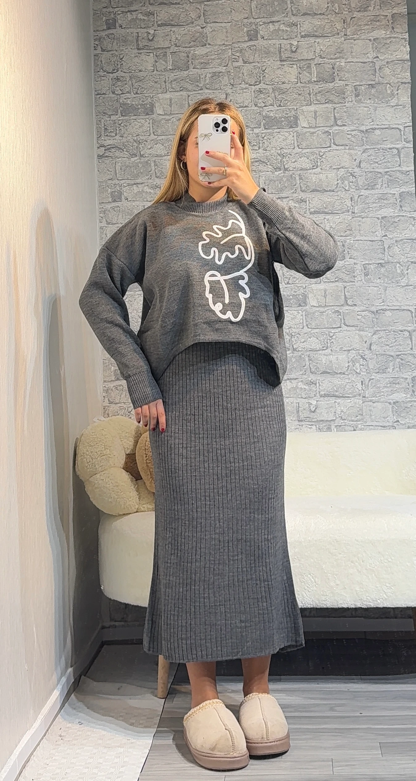 Selanik Örgülü İkili Takım Elbise - Gri