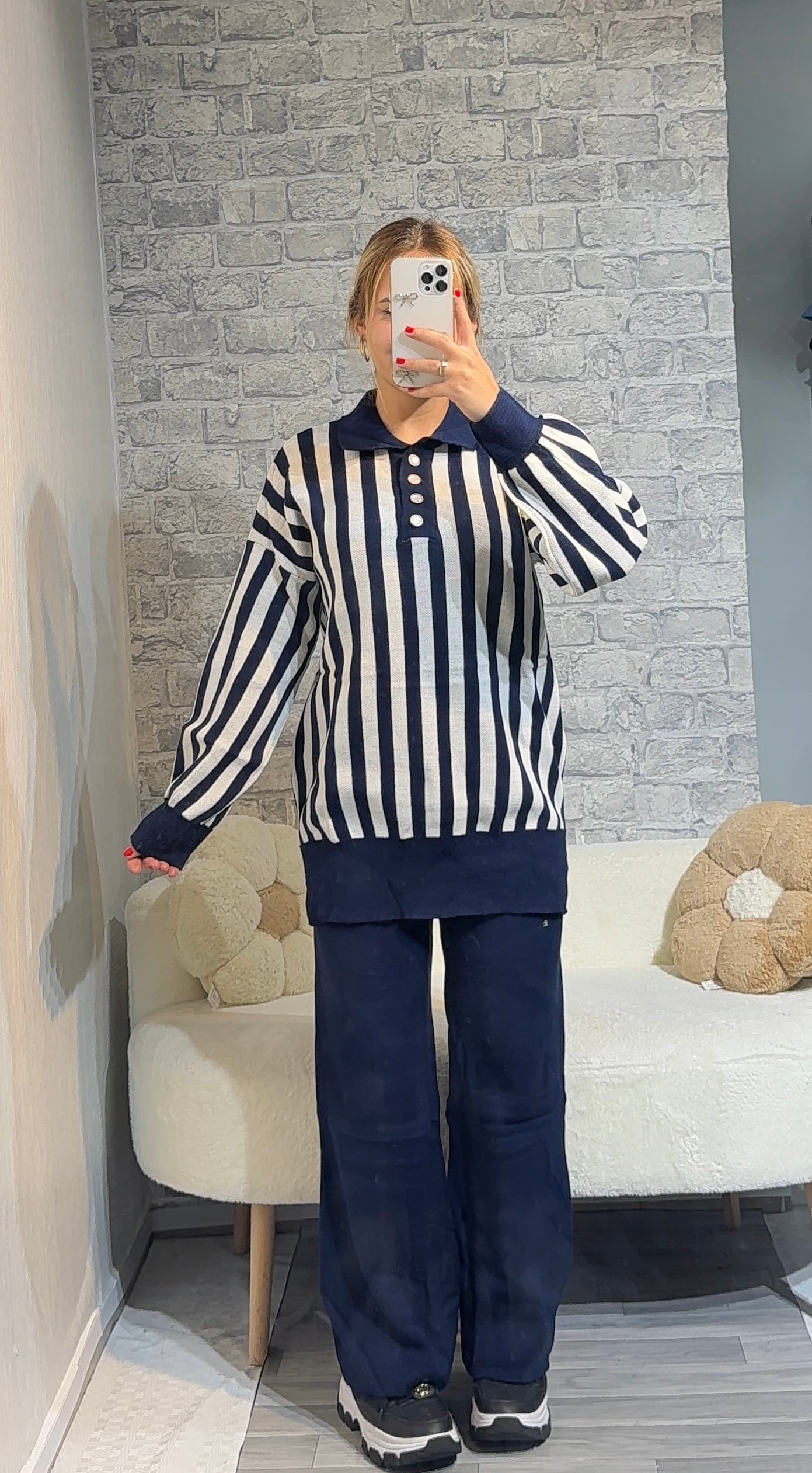 Boydan Çizgili Triko Takım - Lacivert