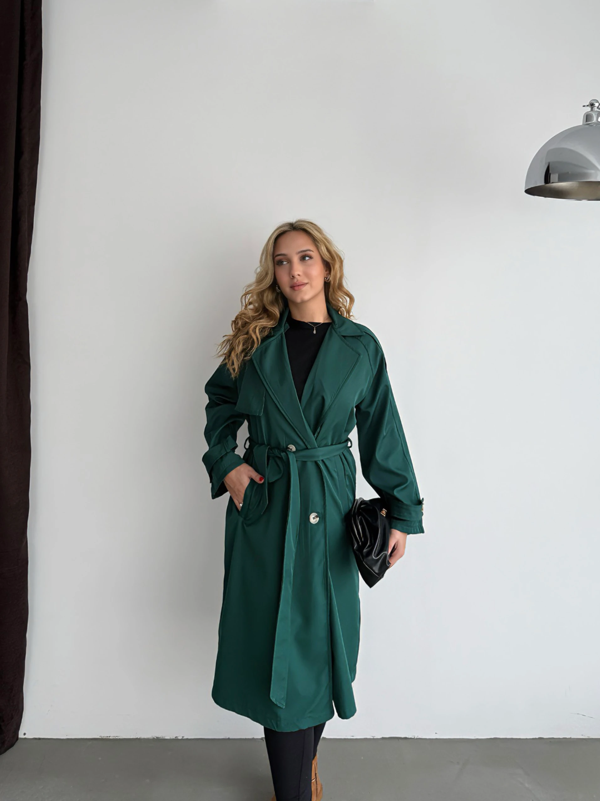 Tasarım Kolu Kemerli Trençkot - Zümrüt Yeşili