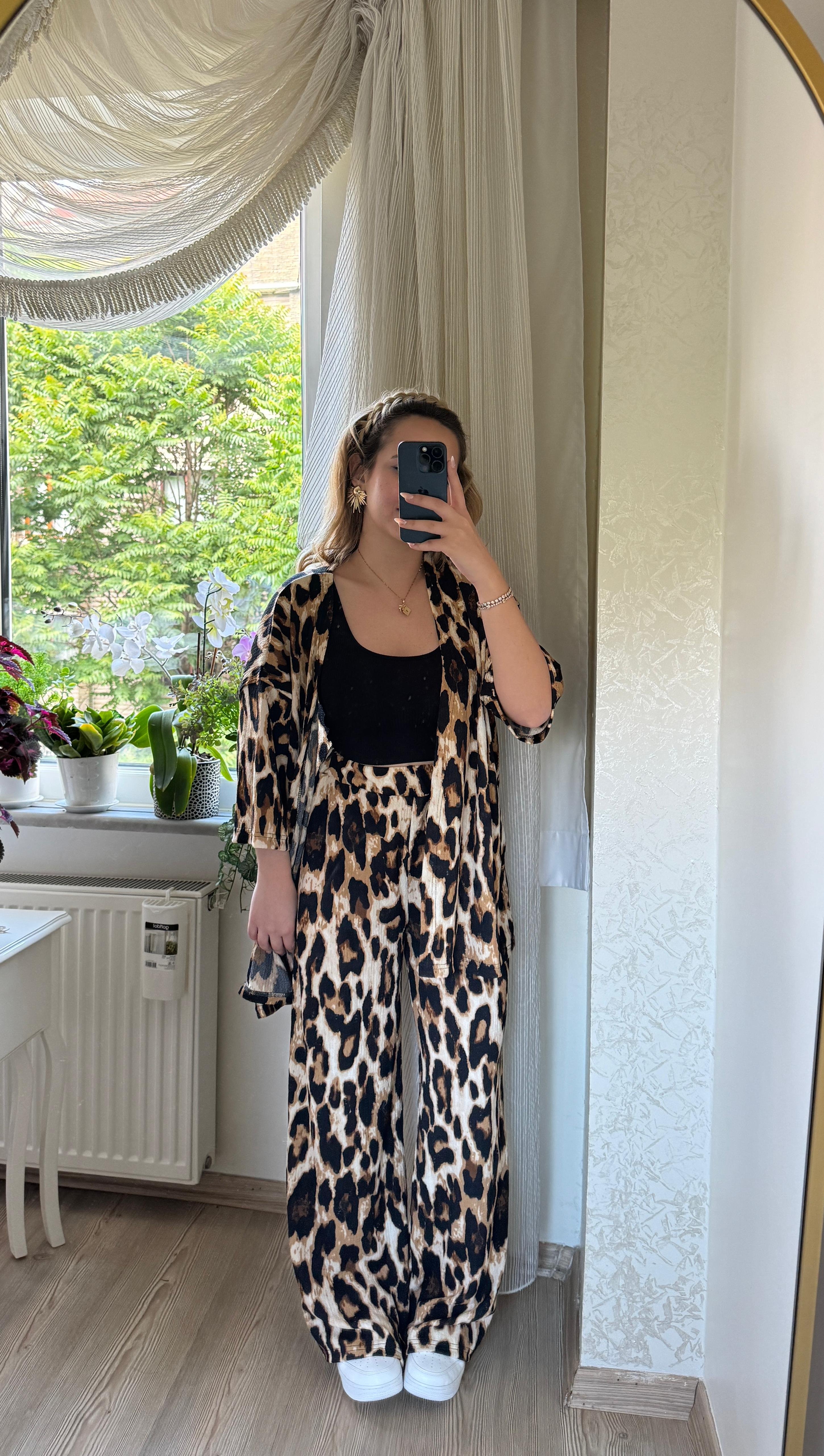 Kimono Takım - Leopar Desen Beyaz/Kahve