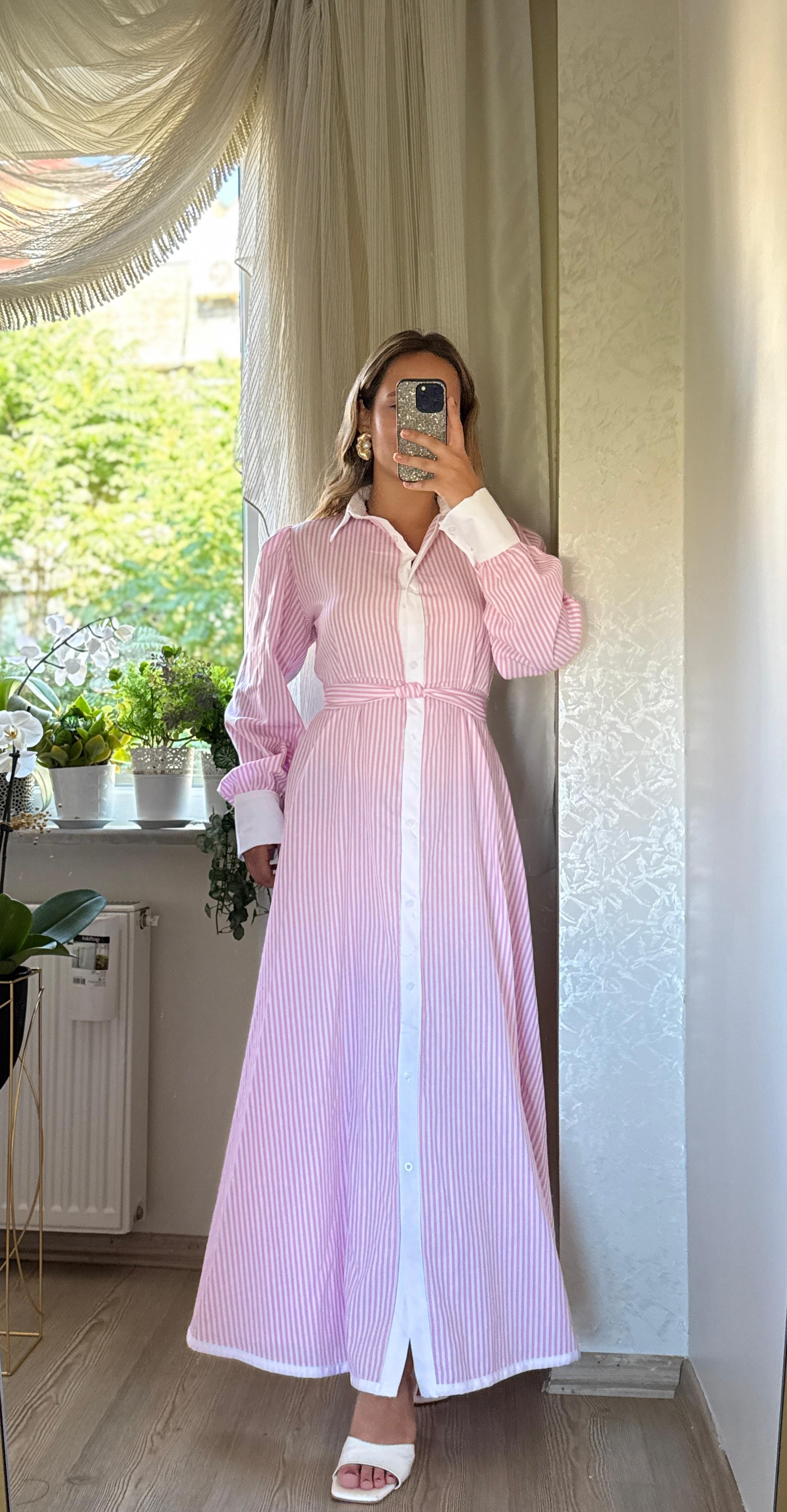 Pinterest Çizgili Elbise - Pembe