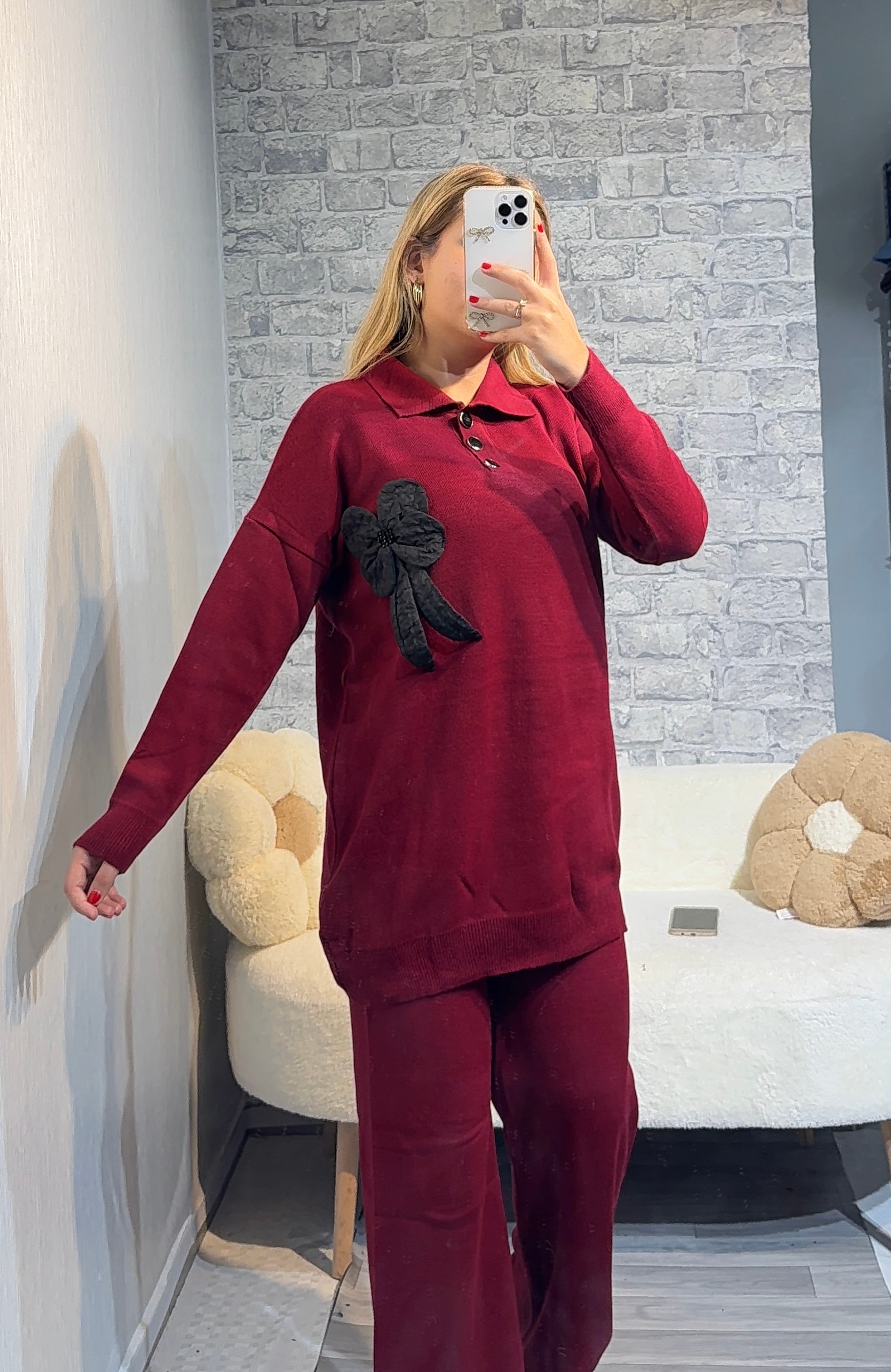 Triko Çiçek Detaylı Triko Takım