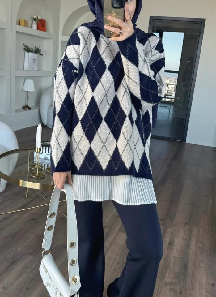 Baklava Detay Salaş Kazak - Lacivert