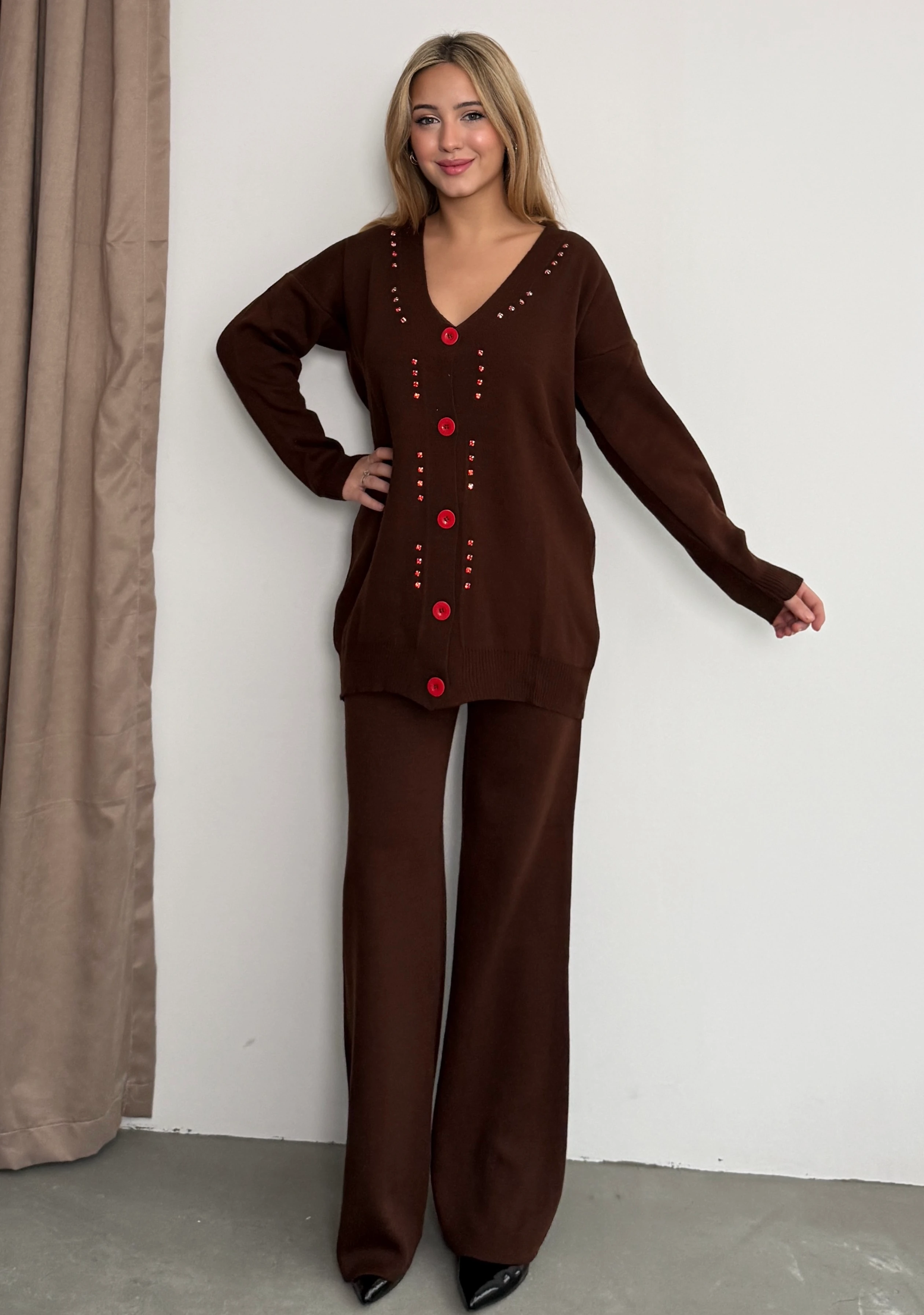 Taşlı Hırkalı Takım - Kahverengi