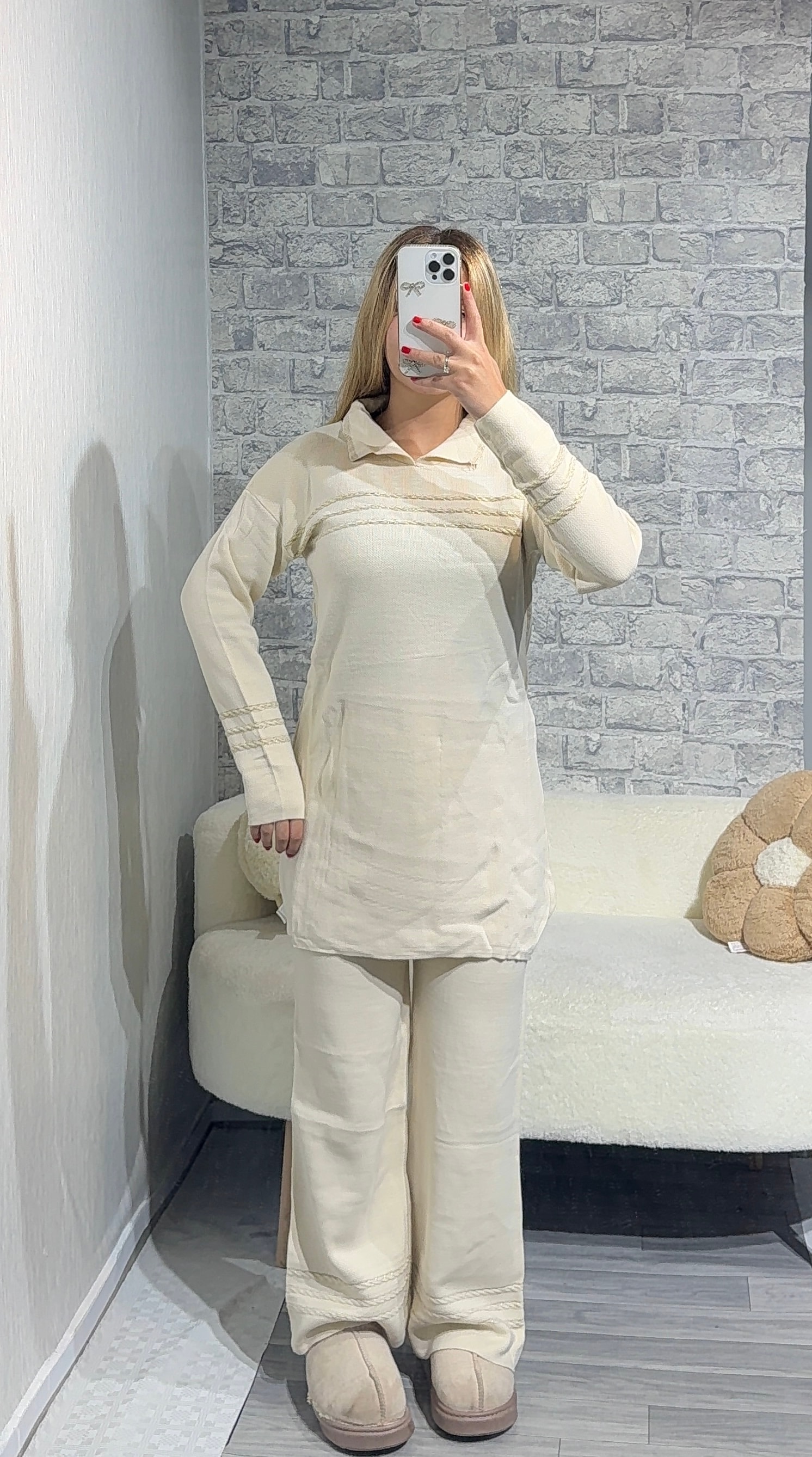 Anje Desenli Simli Triko Takım - Taş