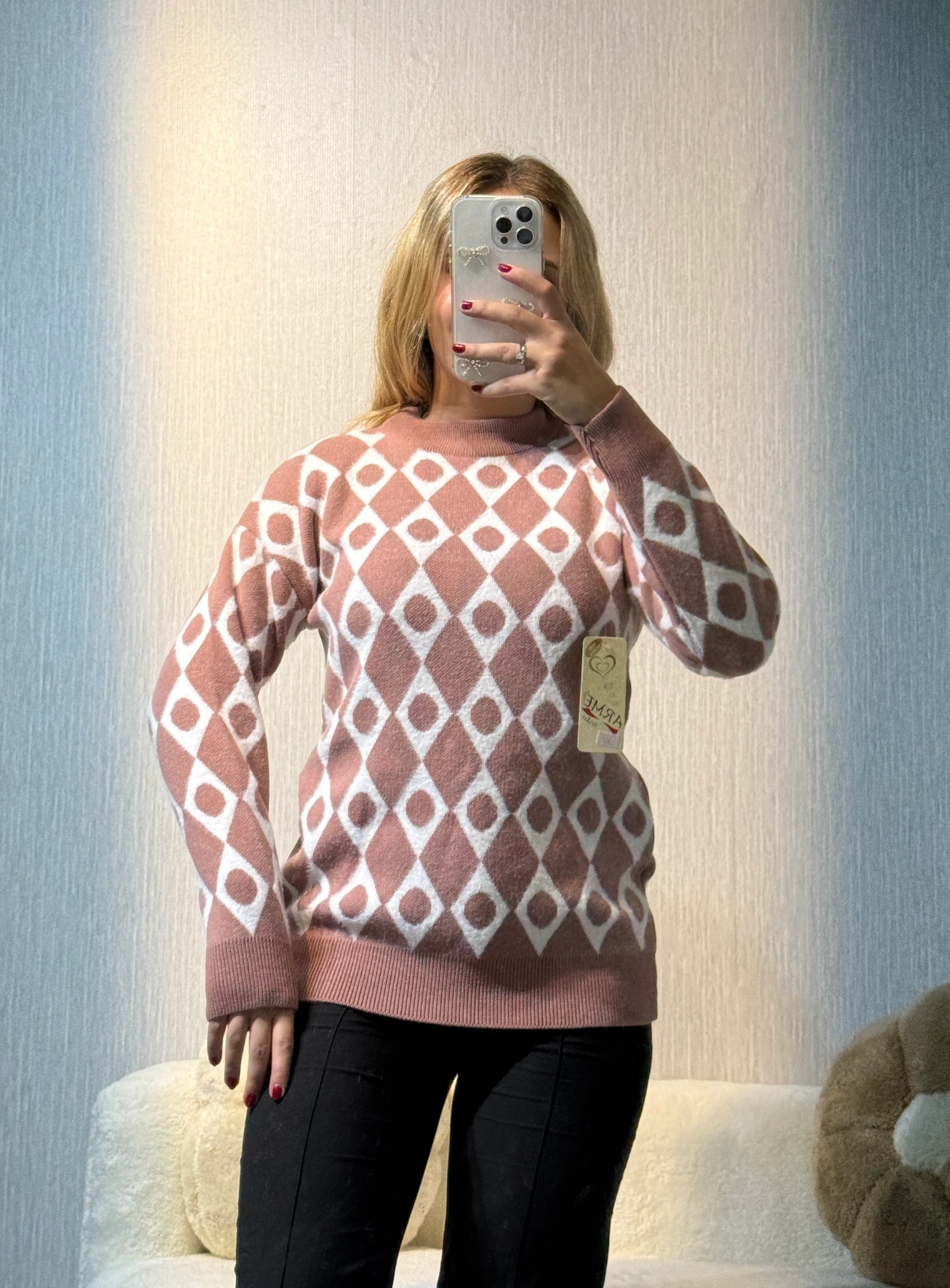 Baklava Desen Triko Kazak - Pudra