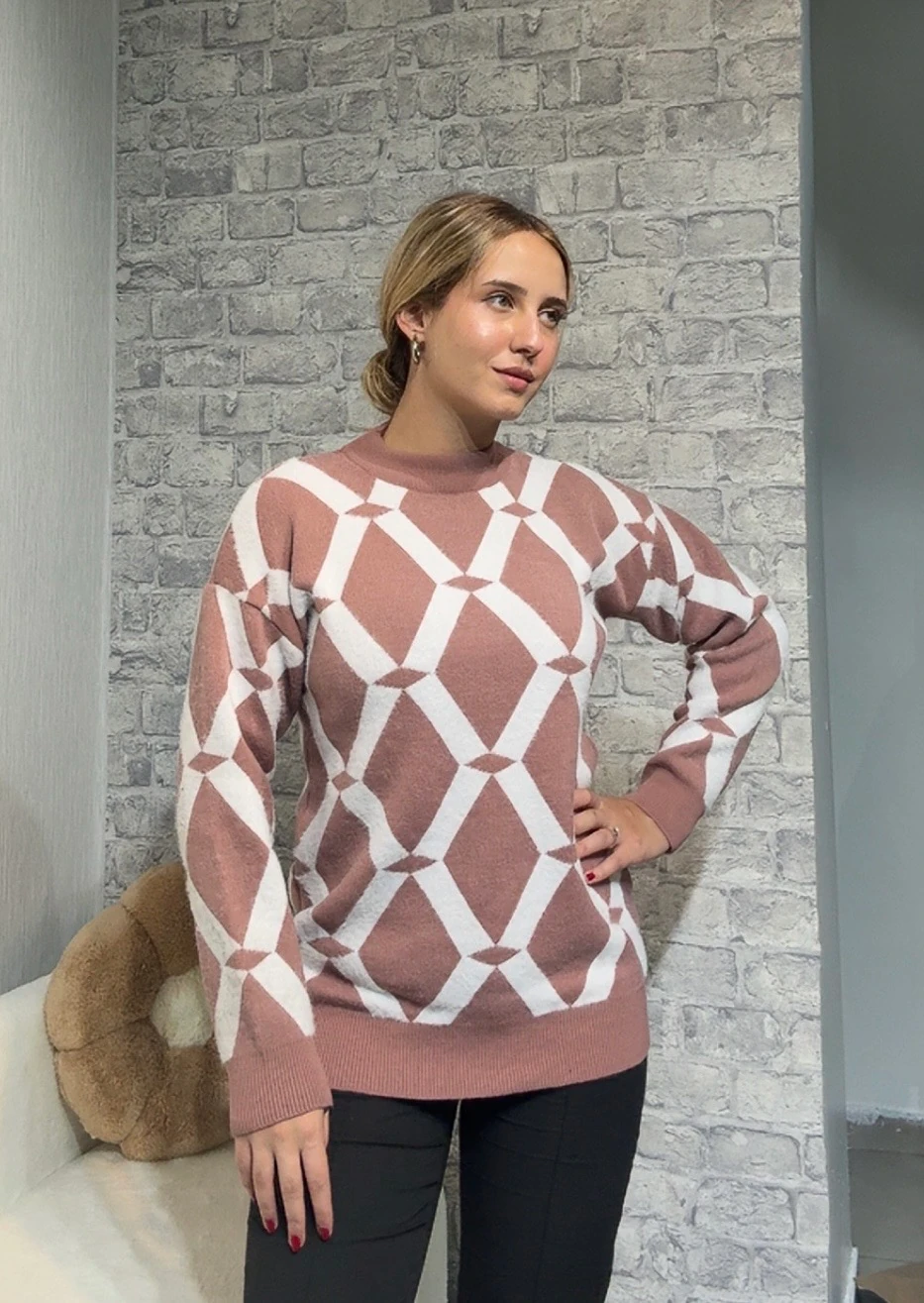 Şeritli Triko Kazak - Pudra