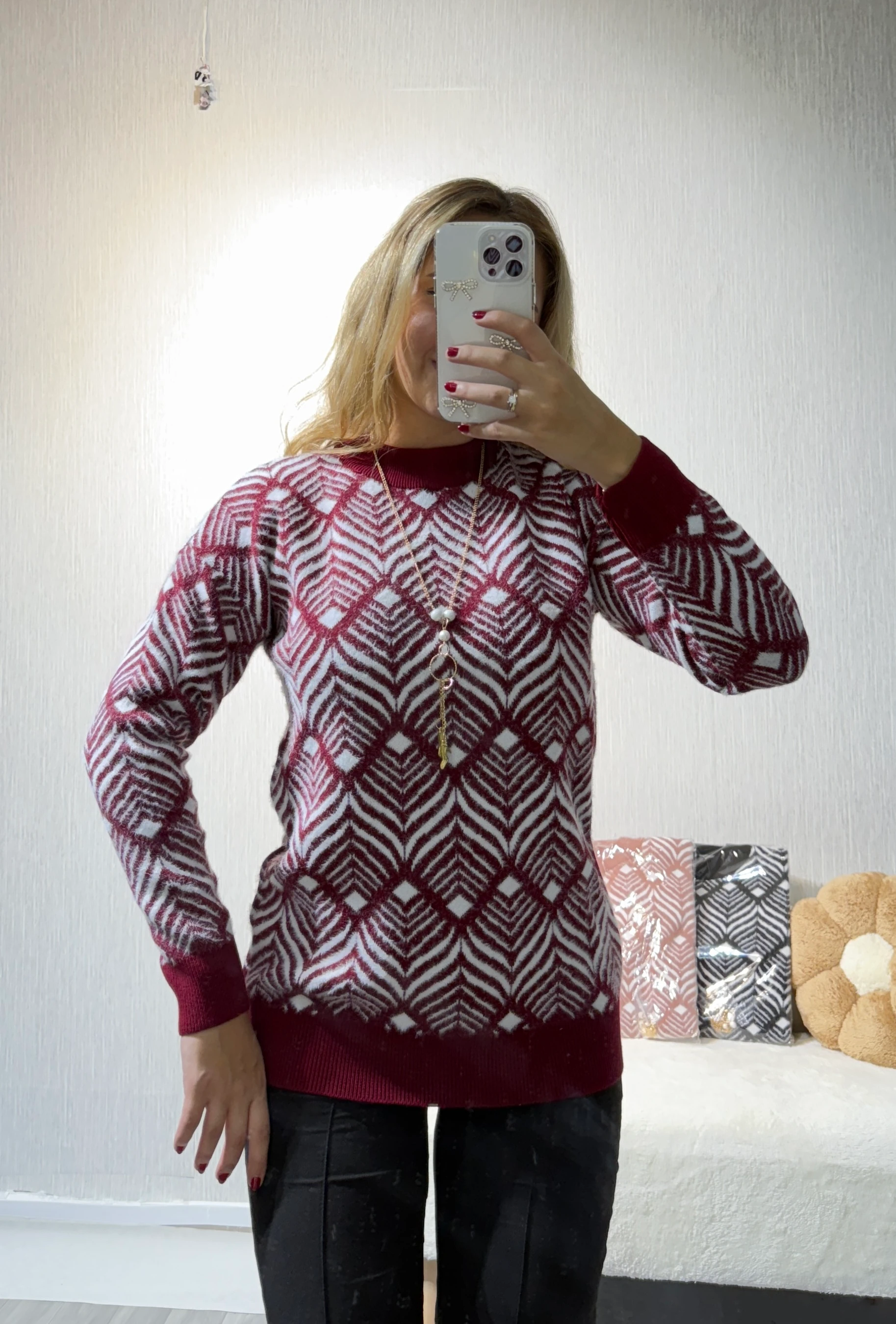 Etnik Desenli Kolyeli Kazak - Bordo