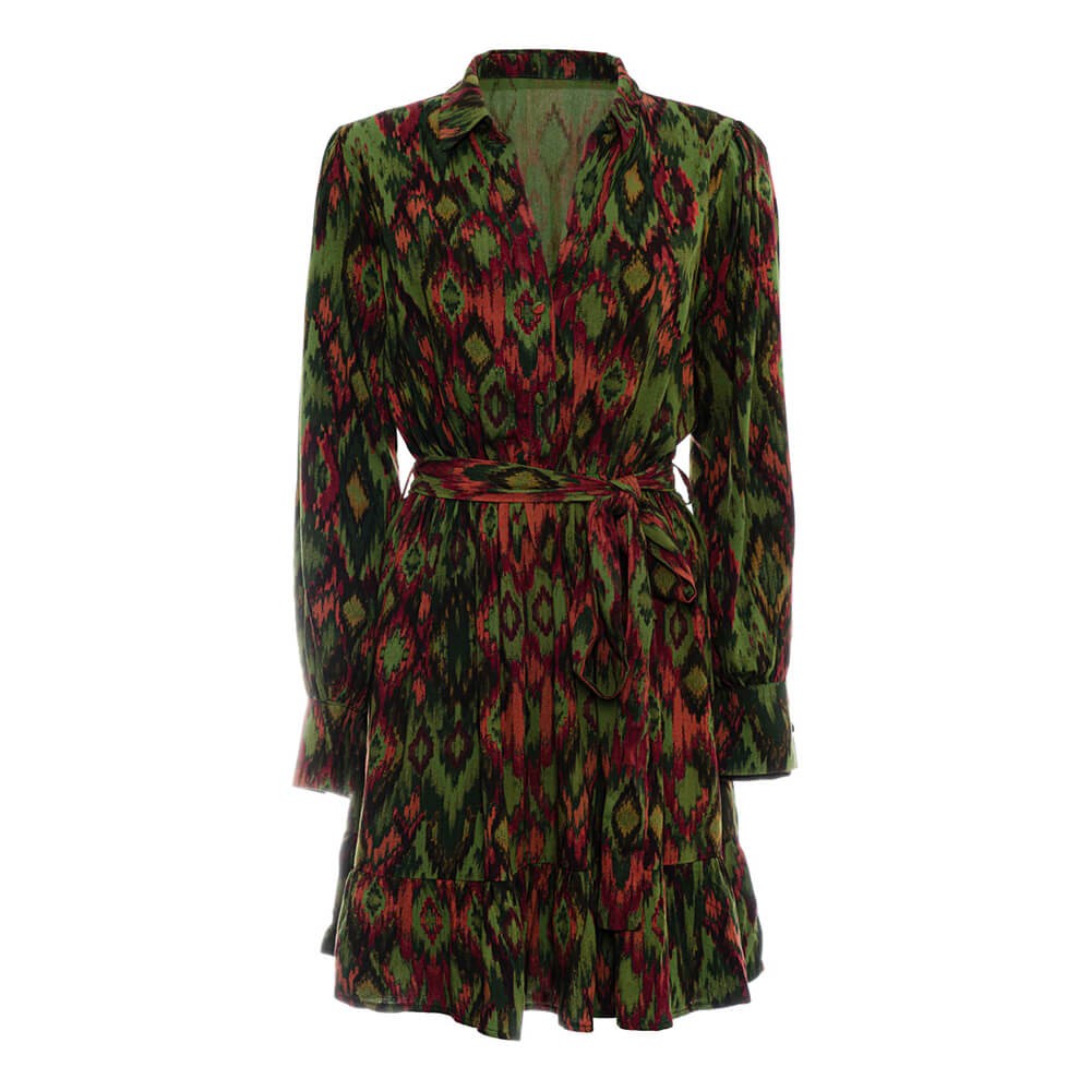 Ikat Fırfırlı Mini Elbise - Haki