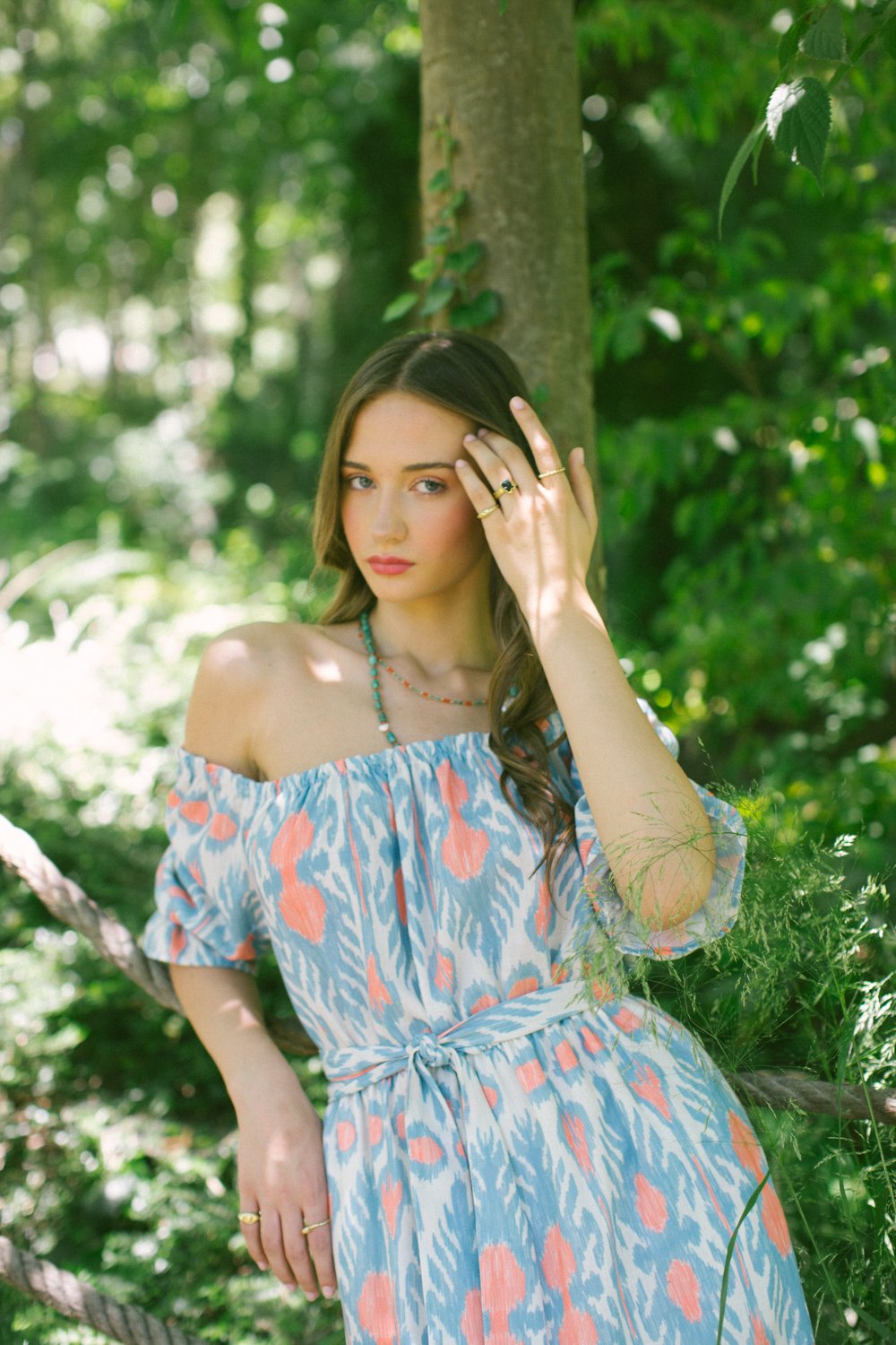 Patmos Linen Shoulder Dress – Blue & Mustard