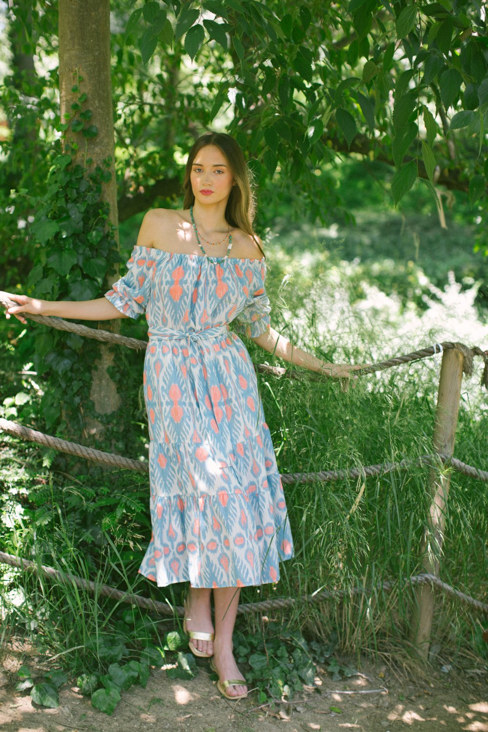 Patmos Linen Shoulder Dress – Blue & Mustard