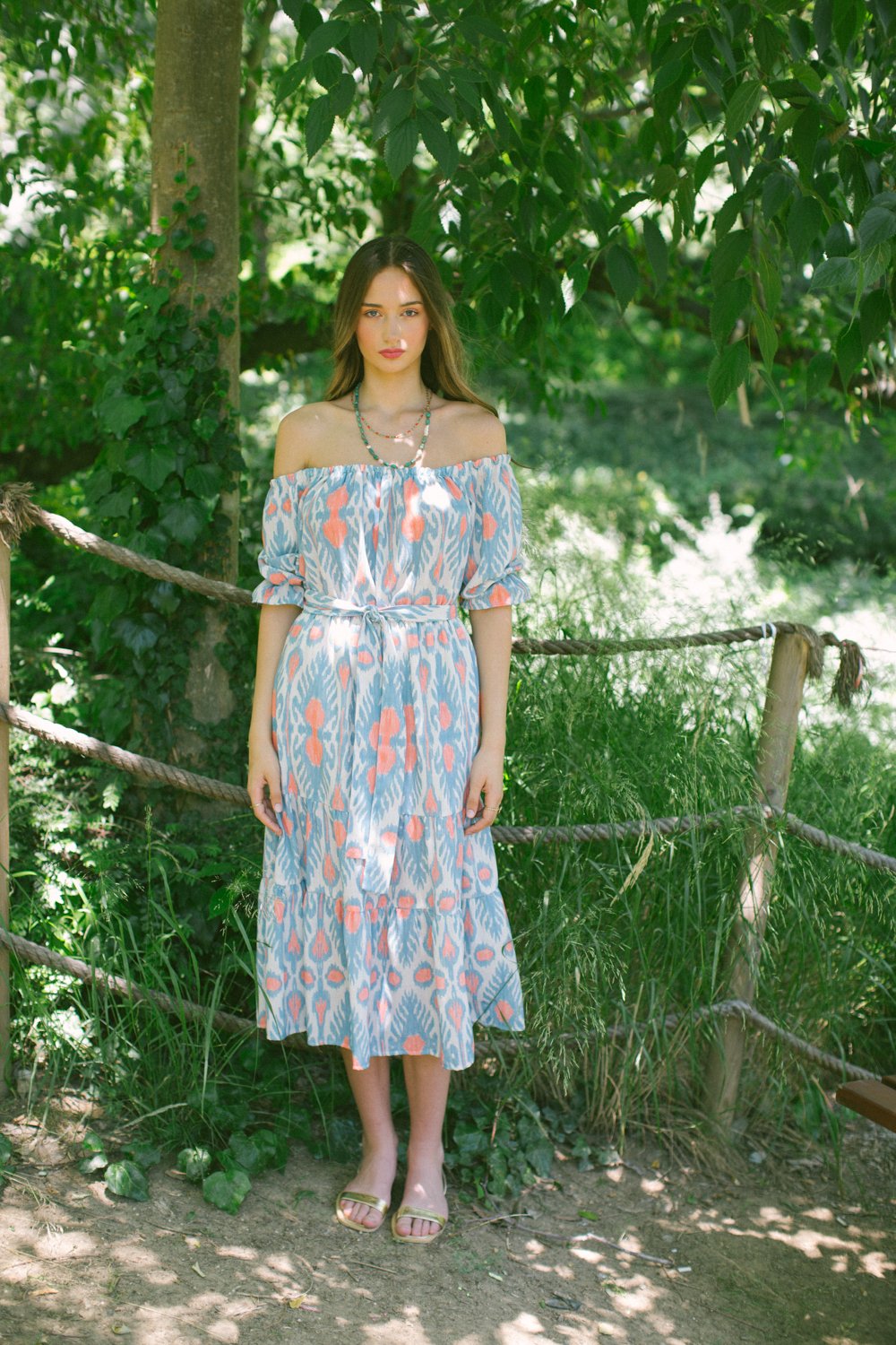 Patmos Linen Shoulder Dress – Blue & Mustard