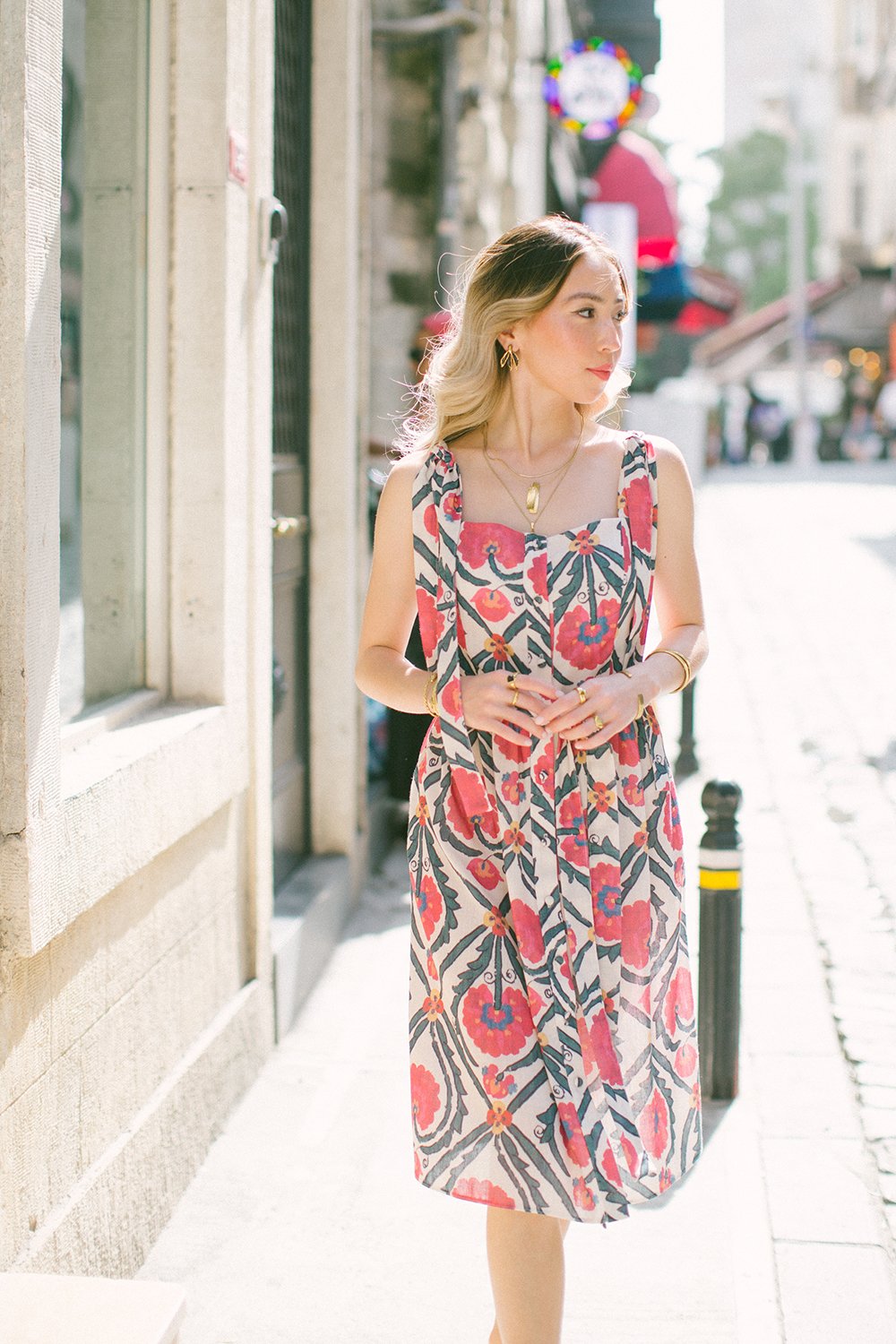 Vintage Suzani Askılı Keten Midi Elbise – Pembe