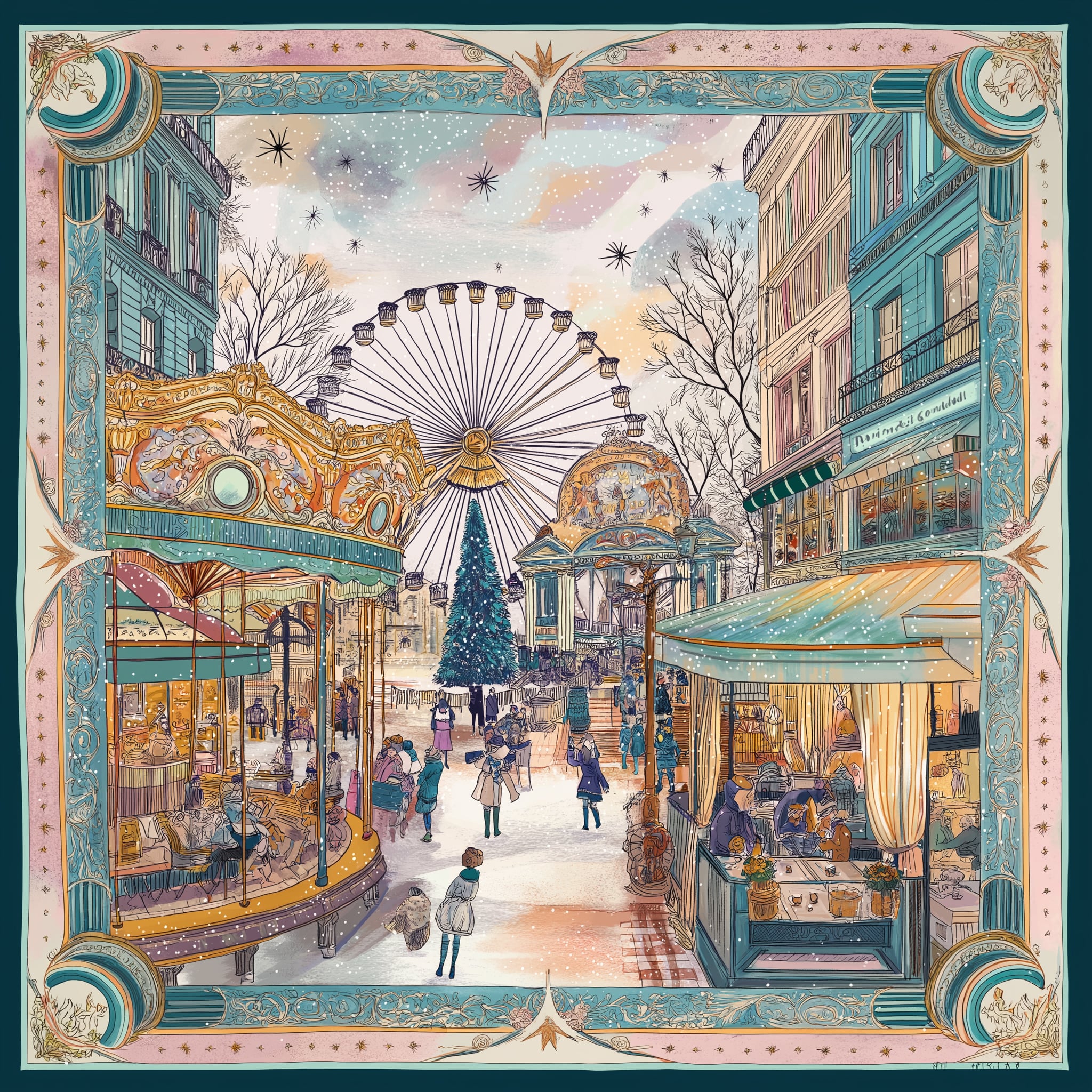 Carrousel de Noël Twill Saten Eşarp