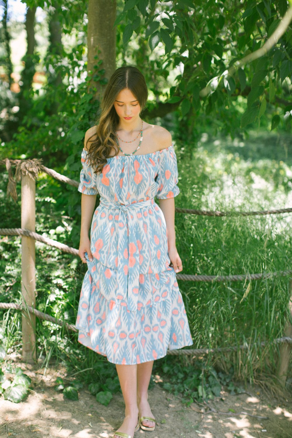 Patmos Linen Shoulder Dress – Blue & Mustard