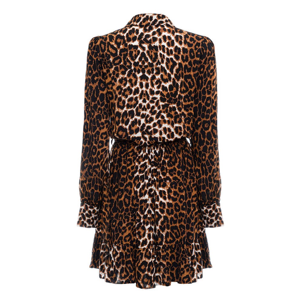 Leopar Fırfırlı Mini Elbise - Kahverengi