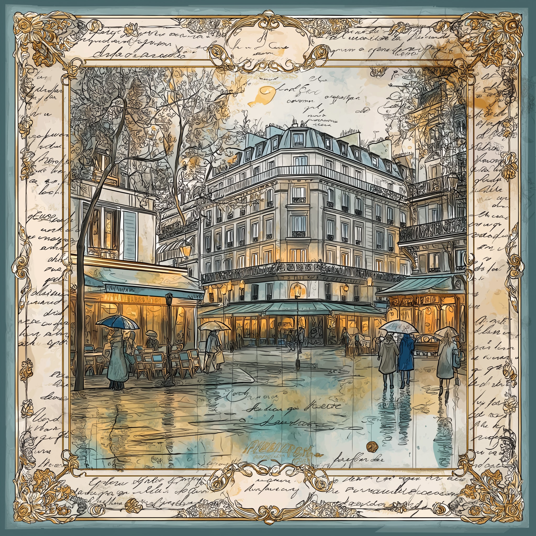La Rue Romantique de Paris Twill Saten Eşarp 