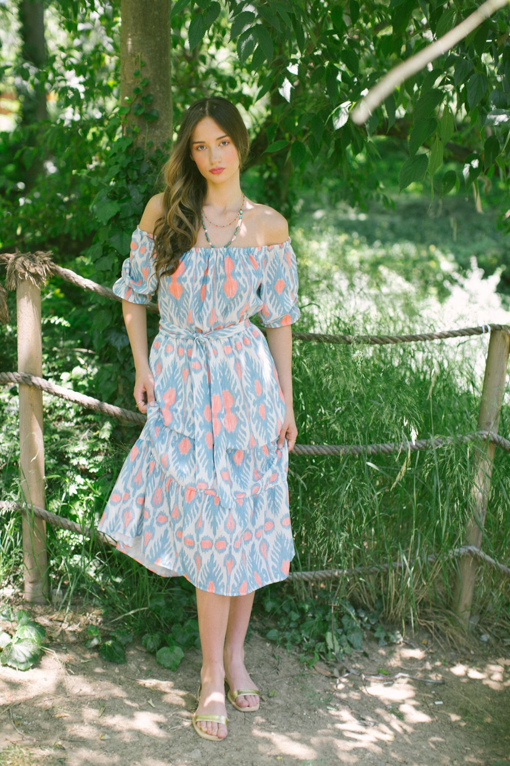 Patmos Linen Shoulder Dress – Blue & Mustard
