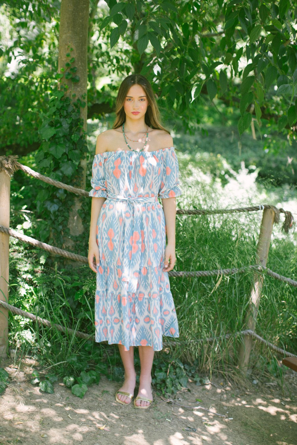 Patmos Linen Shoulder Dress – Blue & Mustard