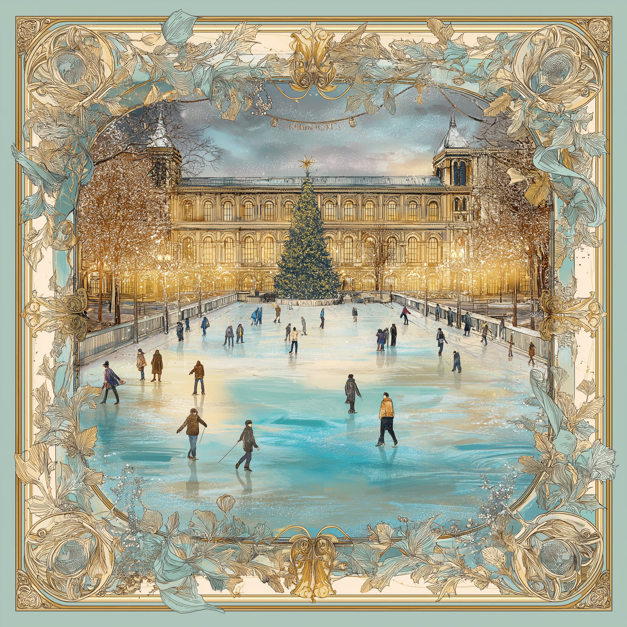 Christmas Skating in London Twill Saten Eşarp