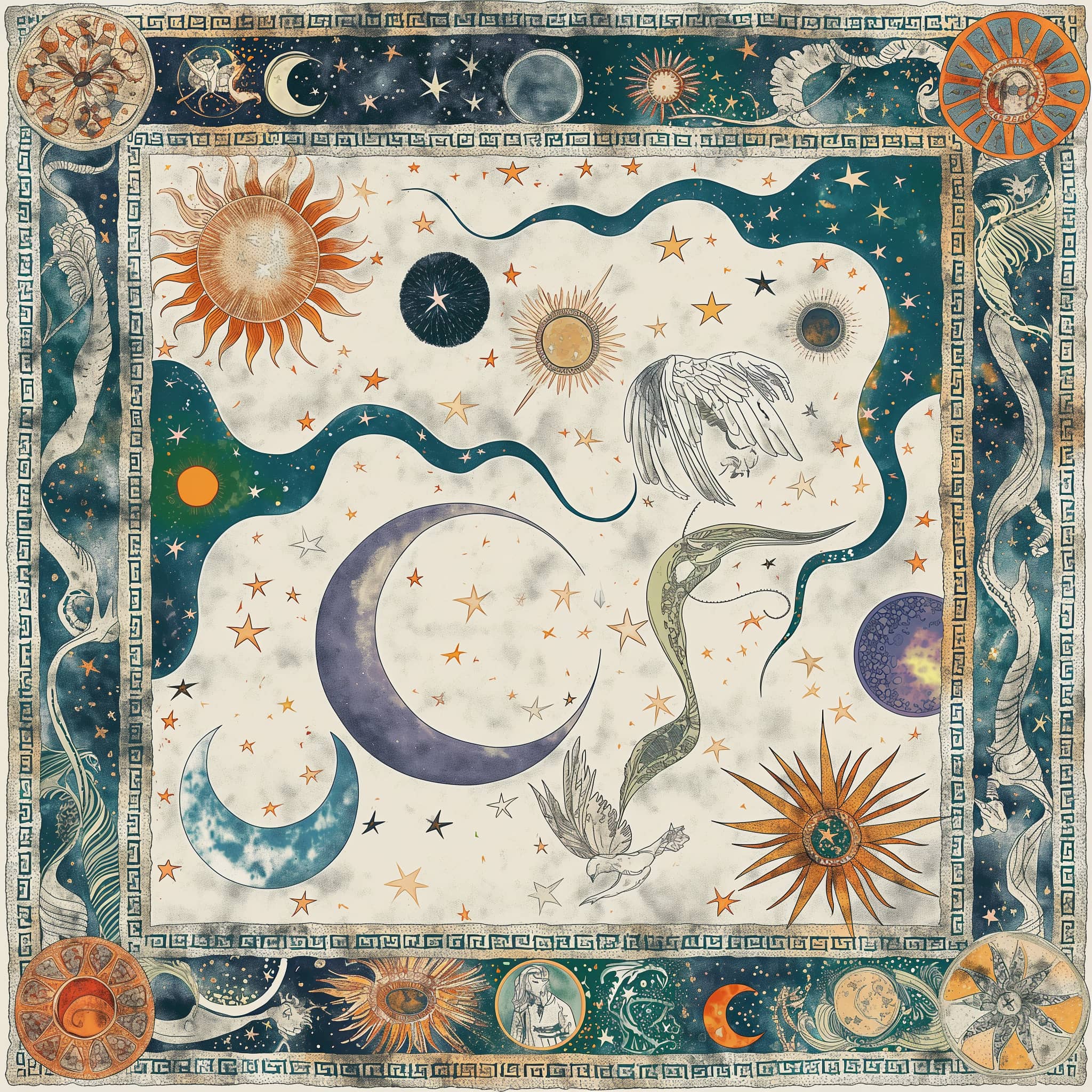 Celestial Myths Twill Saten Eşarp Bej