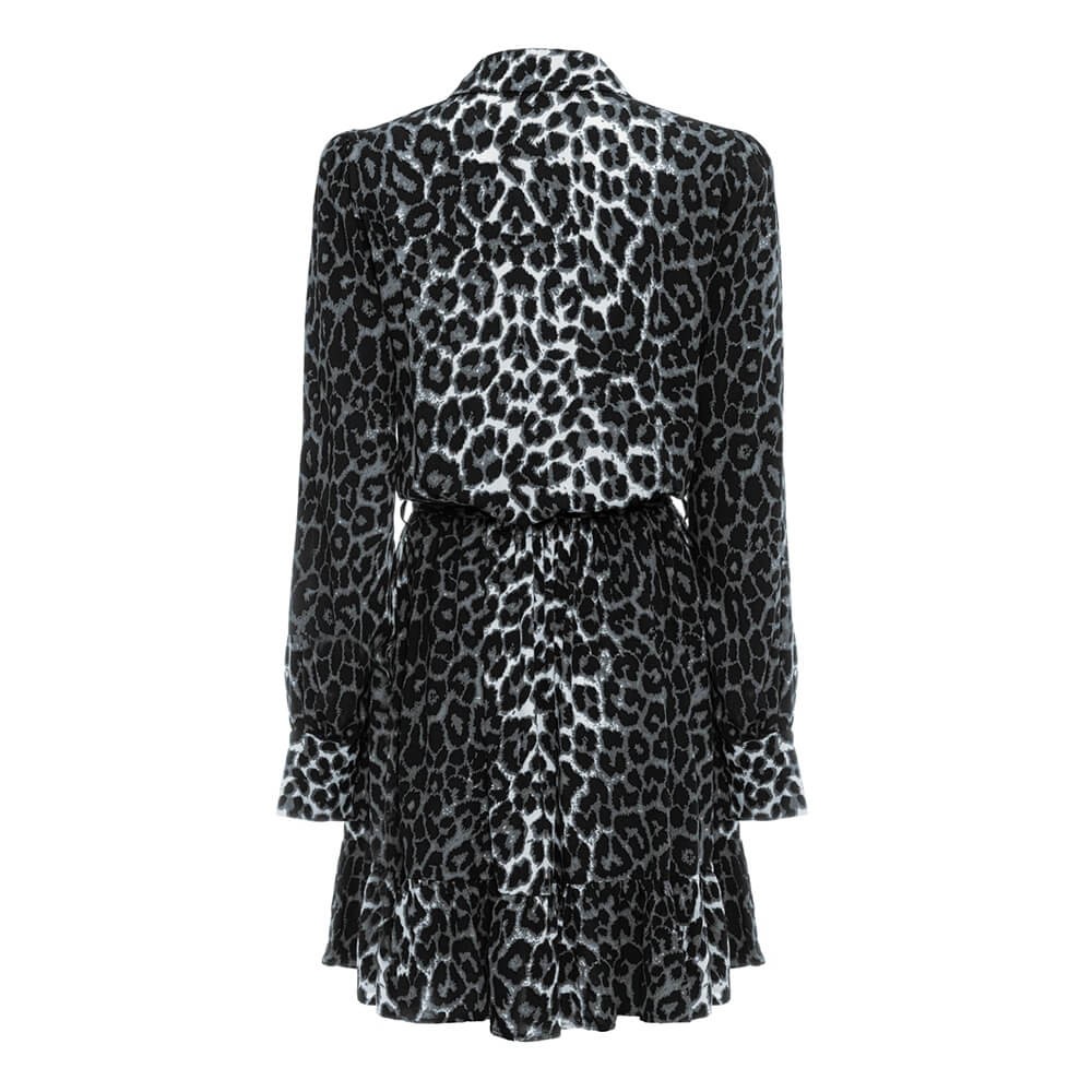 Leopar Fırfırlı Mini Elbise - Gri