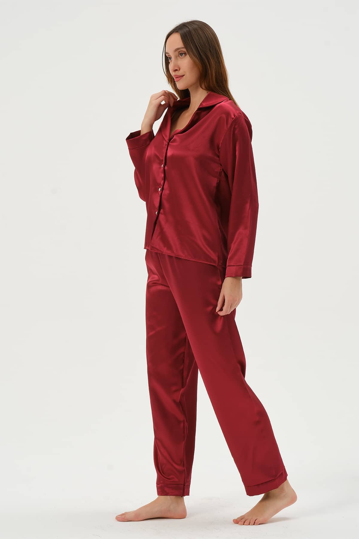 Kadın Saten 2'li Pijama Takımı - Bordo