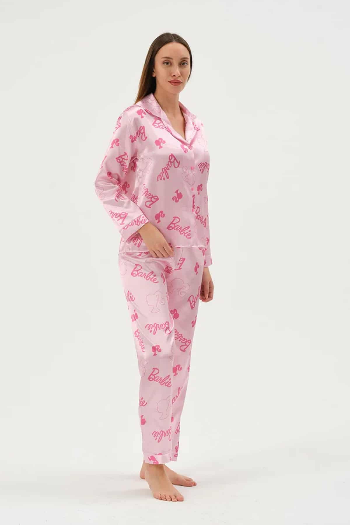 Kadın Saten Pembe 2'li Pijama Takımı