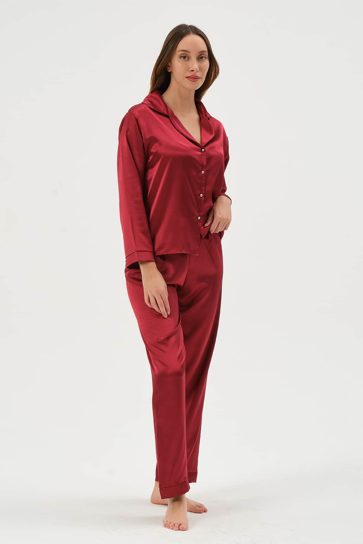 Kadın Saten 2'li Pijama Takımı - Bordo