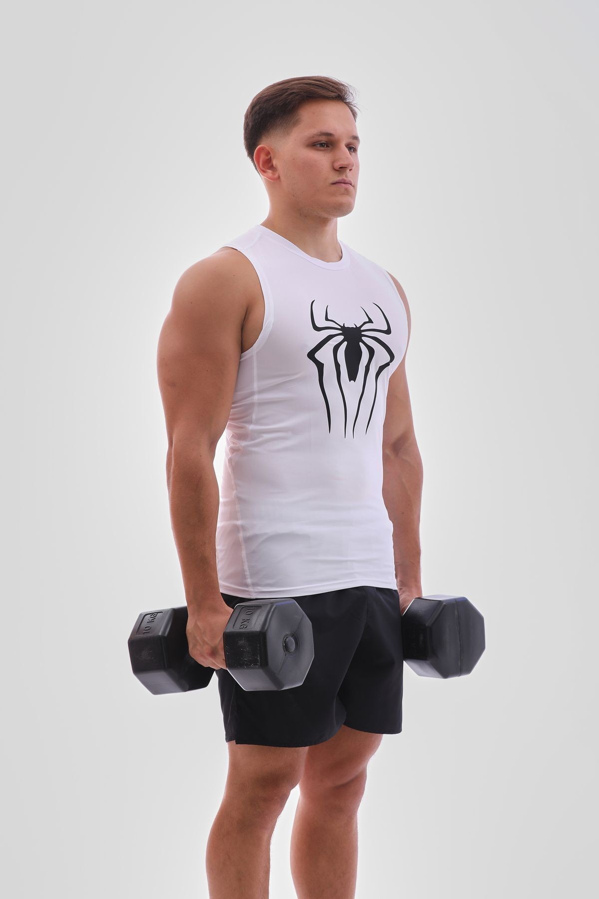 Erkek Spor Atlet Süper Esnek Compression Fitness Tank Top Terletmez Beyaz Baskılı
